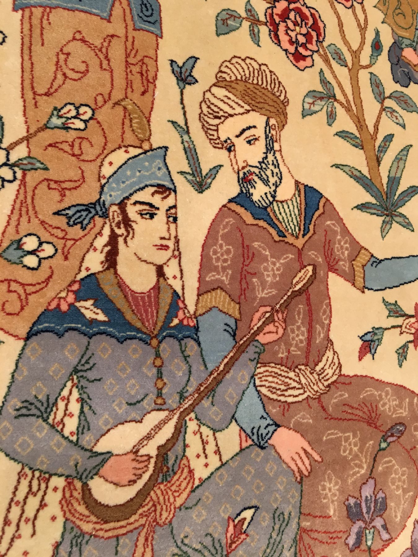 Detail g: Feiner Esfahan "Sadegh Seirafian" alt "Signiert" (Dichter Khayam mit Gedicht), Zentralpersien, um 1950/1960, Korkwolle geknüpft ...