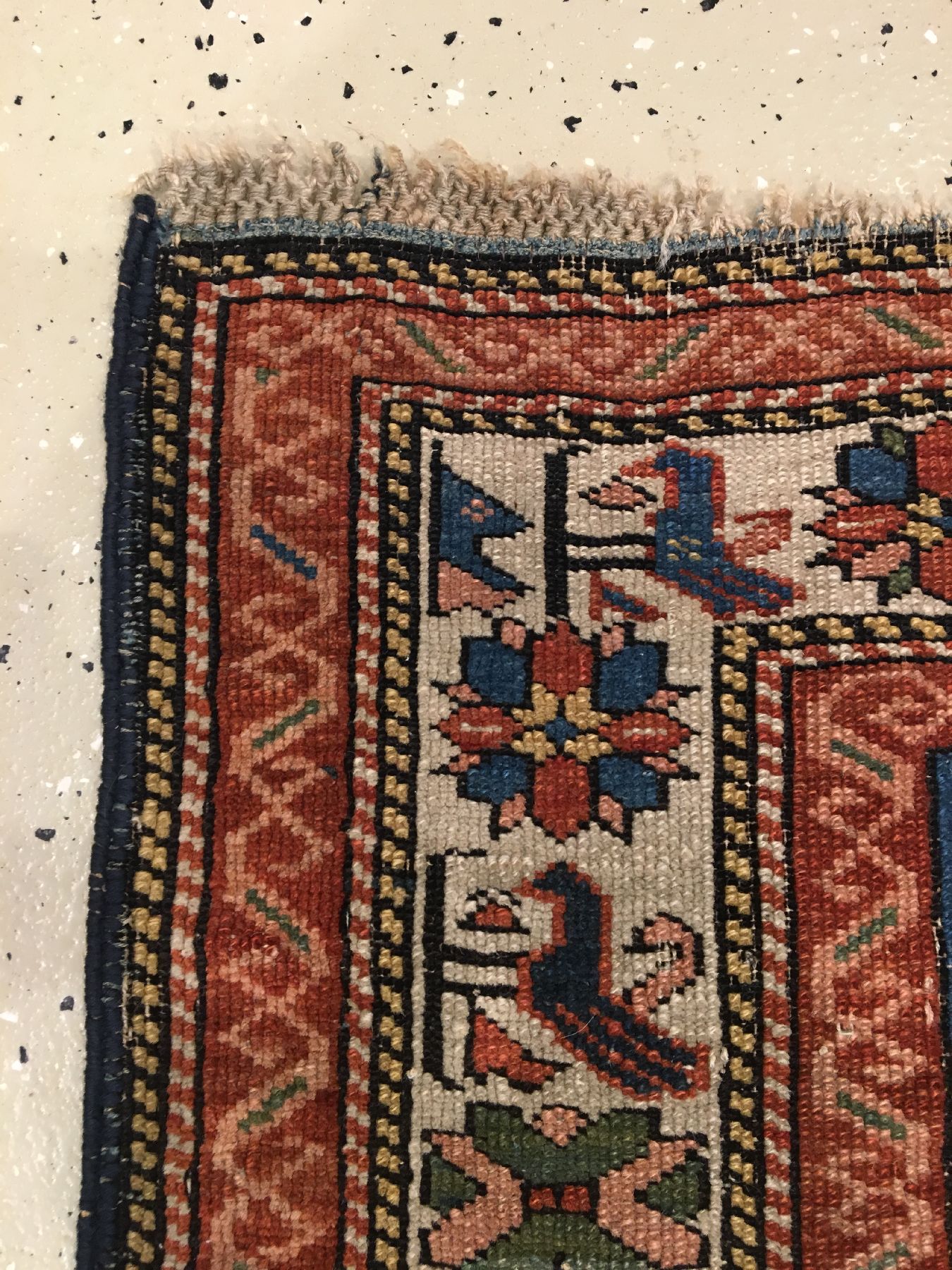 Detail d: Seichur antik, Ostkaukasus Kuba-Gebiet, Ende 19.Jhd., Wolle geknüpft auf Wolle. Kleinformatiger Seichur im Nelkentypus auf himmelblauen Grund. ...