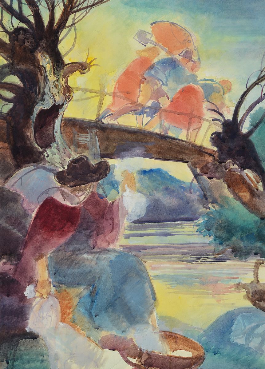 Albert Zahlbruckner, 1895 Allerheiligen bei Pöls - 1962 Klagenfurt, Studium Wiener Akademie, hier Flußlandschaft mit Brücke und Figurenstaffage, ...