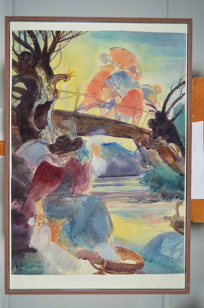 Detail k: Albert Zahlbruckner, 1895 Allerheiligen bei Pöls - 1962 Klagenfurt, Studium Wiener Akademie, hier Flußlandschaft mit Brücke und Figurenstaffage, ...