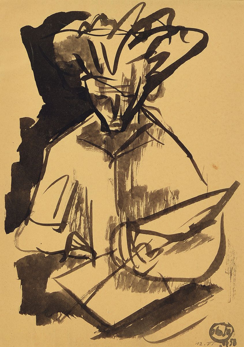 Johann Georg Müller, 1913-1986, Porträt von Otto Ditscher, monogrammiert JGM datiert 1958, ca. 28 x 20 cm, unter Glas, Rahmen: 42 x 33 cm, die ...