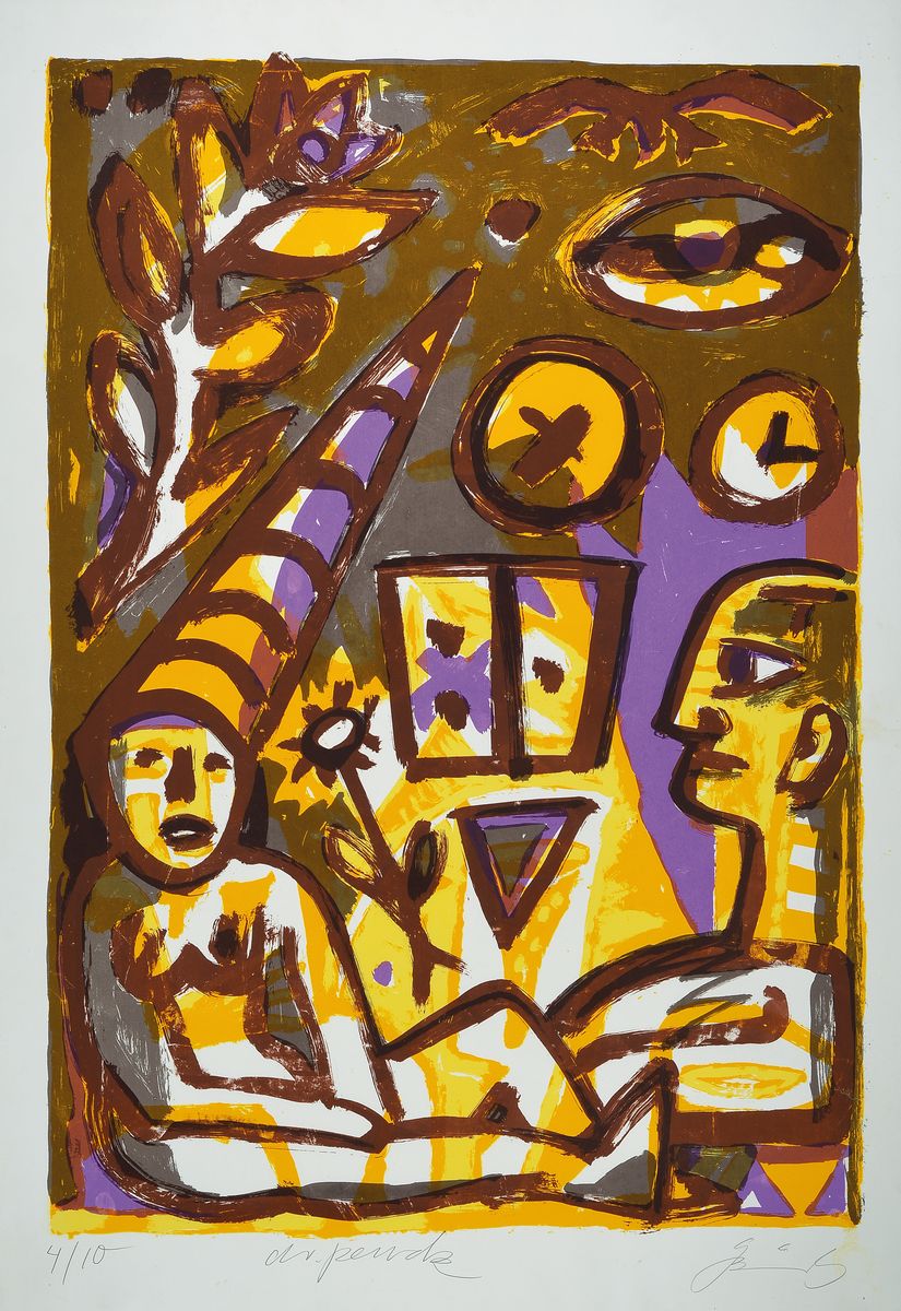 A.R. Penck, geb. 1939 Dresden-2017 Zürich und Gottfried Bräunling geb. 1947, Figürliche Komposition mit weiblichem Akt, Lithografie, von beiden ...