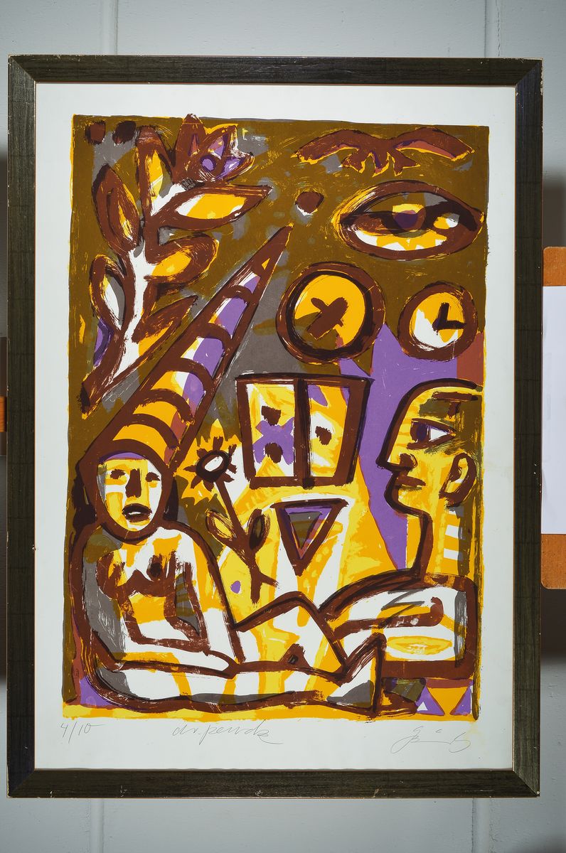 Detail k: A.R. Penck, geb. 1939 Dresden-2017 Zürich und Gottfried Bräunling geb. 1947, Figürliche Komposition mit weiblichem Akt, Lithografie, von beiden ...