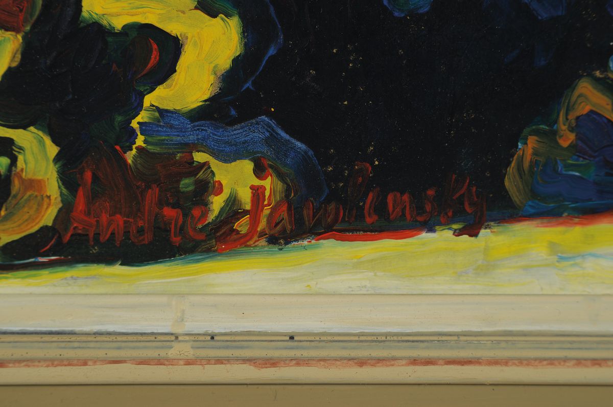 Detail a: Andreas Jawlensky, 1902-1984, Der Dunkle Berg und die Lichter, Öl/Lwd, links unten sign., verso betitelt dat. und nochmals sign.,Rahmen, ca. 65x81 cm