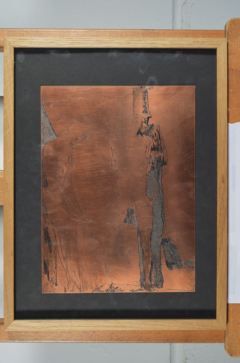 Detail k: Horst Janssen, 1929-1995, orig. Druckplatte einer Radierung aus dem Zyklus ".... für Toninelli, unter Glas gerahmt, Platte ca. 30x 22 cm , ...