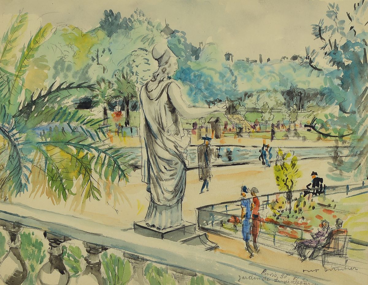 Otto Ditscher, 1903 Neuhofen - 1987, Paris 30.VI.32, "Jardin de Luxembourg", Aquarell, 20.5 x 26 cm, unter Glas, Rahmen