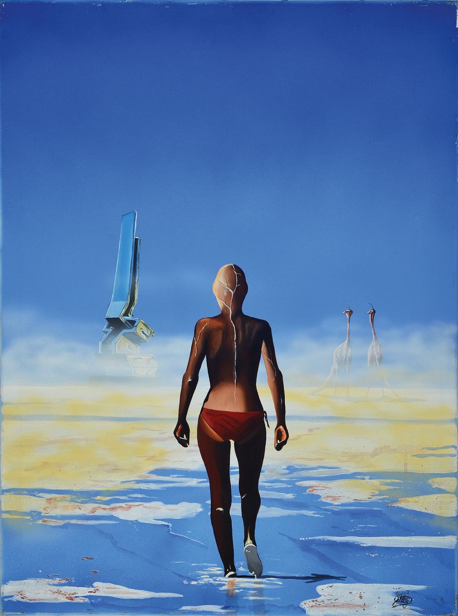 Franz-Josef Bettag, zeitgenössischer Maler, surrealistische Komposition, Acryl/Lwd, sign. und dat. 83, ca. 80x60cm