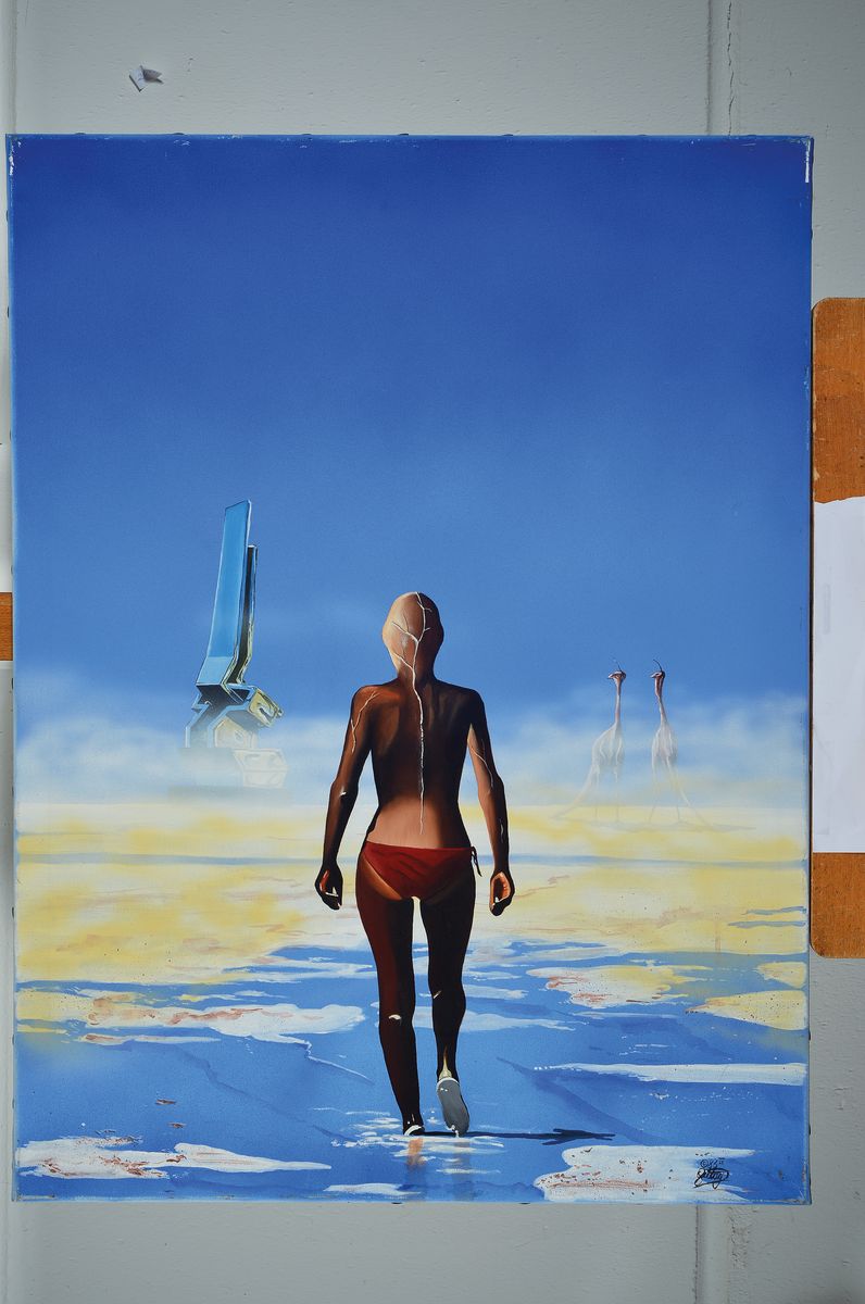 Detail k: Franz-Josef Bettag, zeitgenössischer Maler, surrealistische Komposition, Acryl/Lwd, sign. und dat. 83, ca. 80x60cm