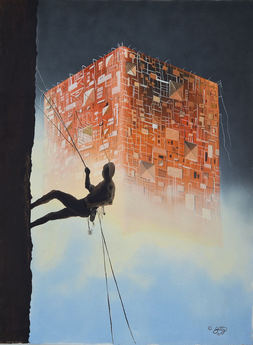 Franz-Josef Bettag, zeitgenössischer Maler, surrealistische Komposition, Acryl/Lwd, sign. und dat. 80, ca. 80x60cm