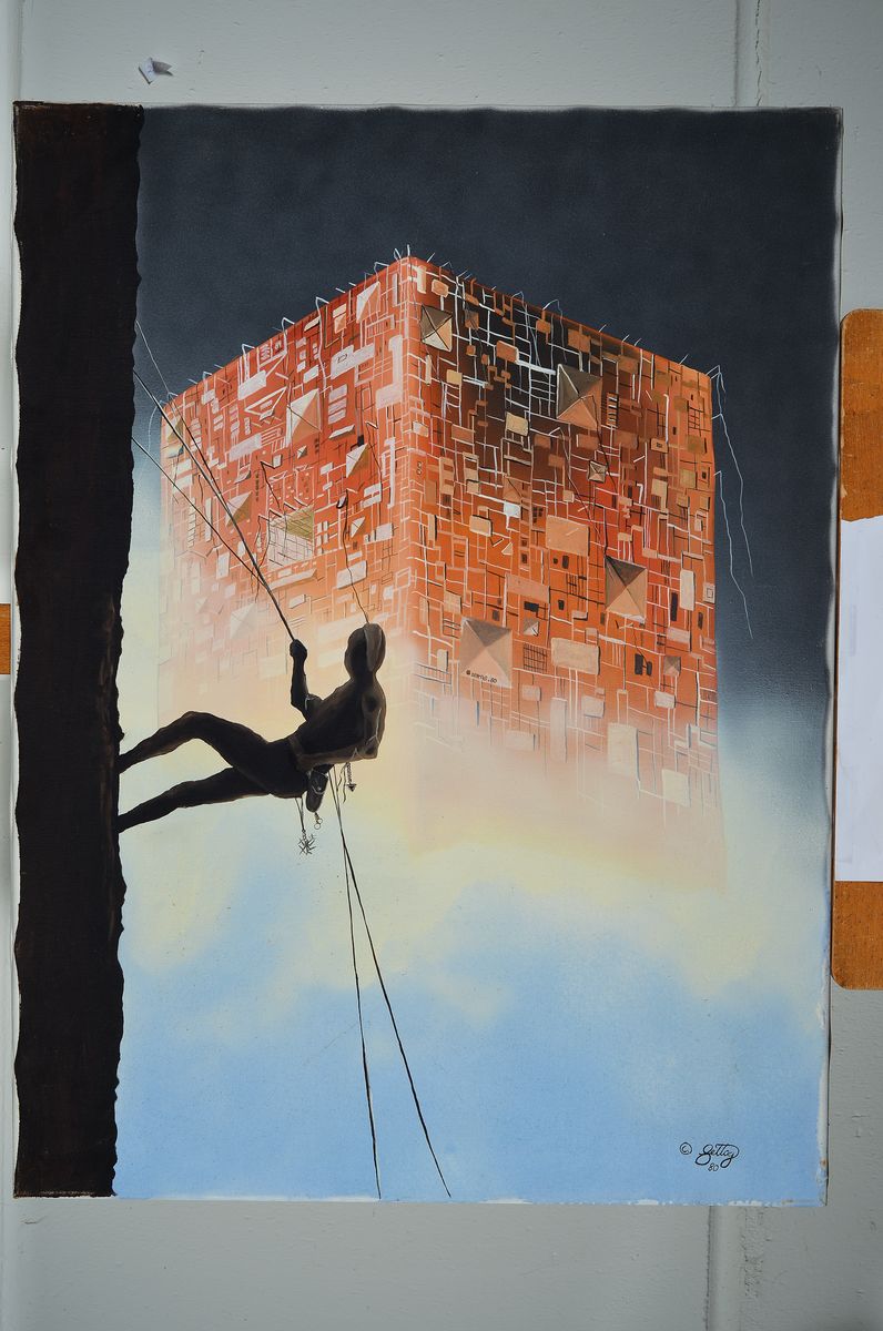 Detail k: Franz-Josef Bettag, zeitgenössischer Maler, surrealistische Komposition, Acryl/Lwd, sign. und dat. 80, ca. 80x60cm