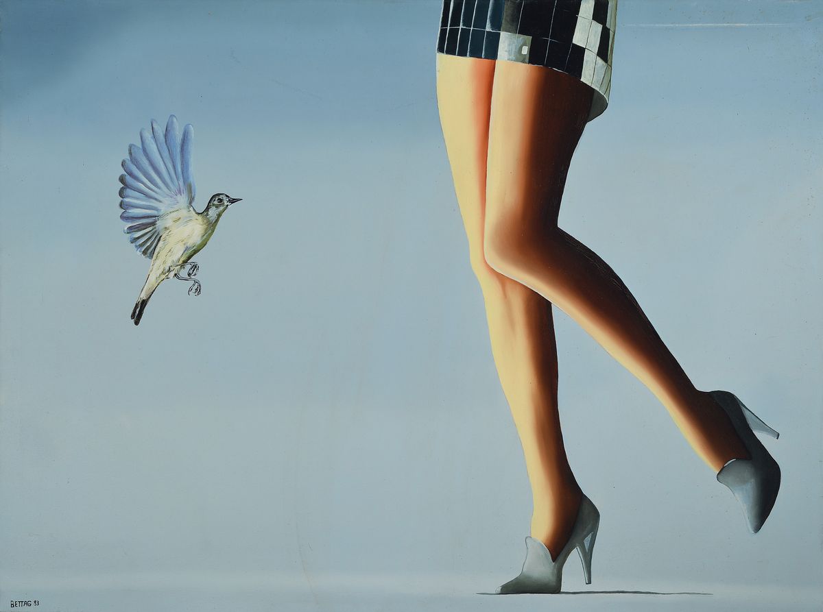 Franz-Josef Bettag, zeitgenössischer Maler, surrealistische Komposition, Acryl/Lwd, sign. und dat. 83, ca. 60x80cm, R.