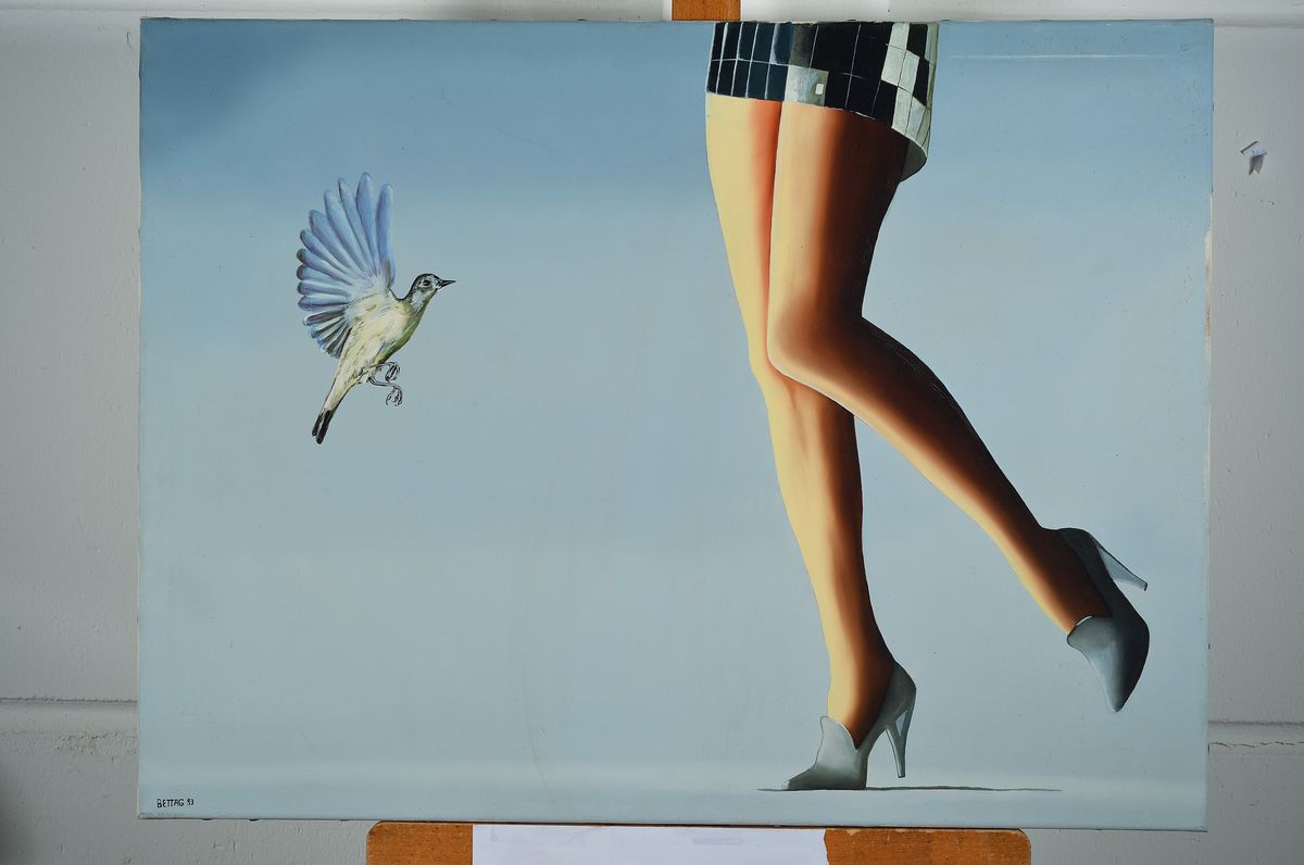 Detail k: Franz-Josef Bettag, zeitgenössischer Maler, surrealistische Komposition, Acryl/Lwd, sign. und dat. 83, ca. 60x80cm, R.