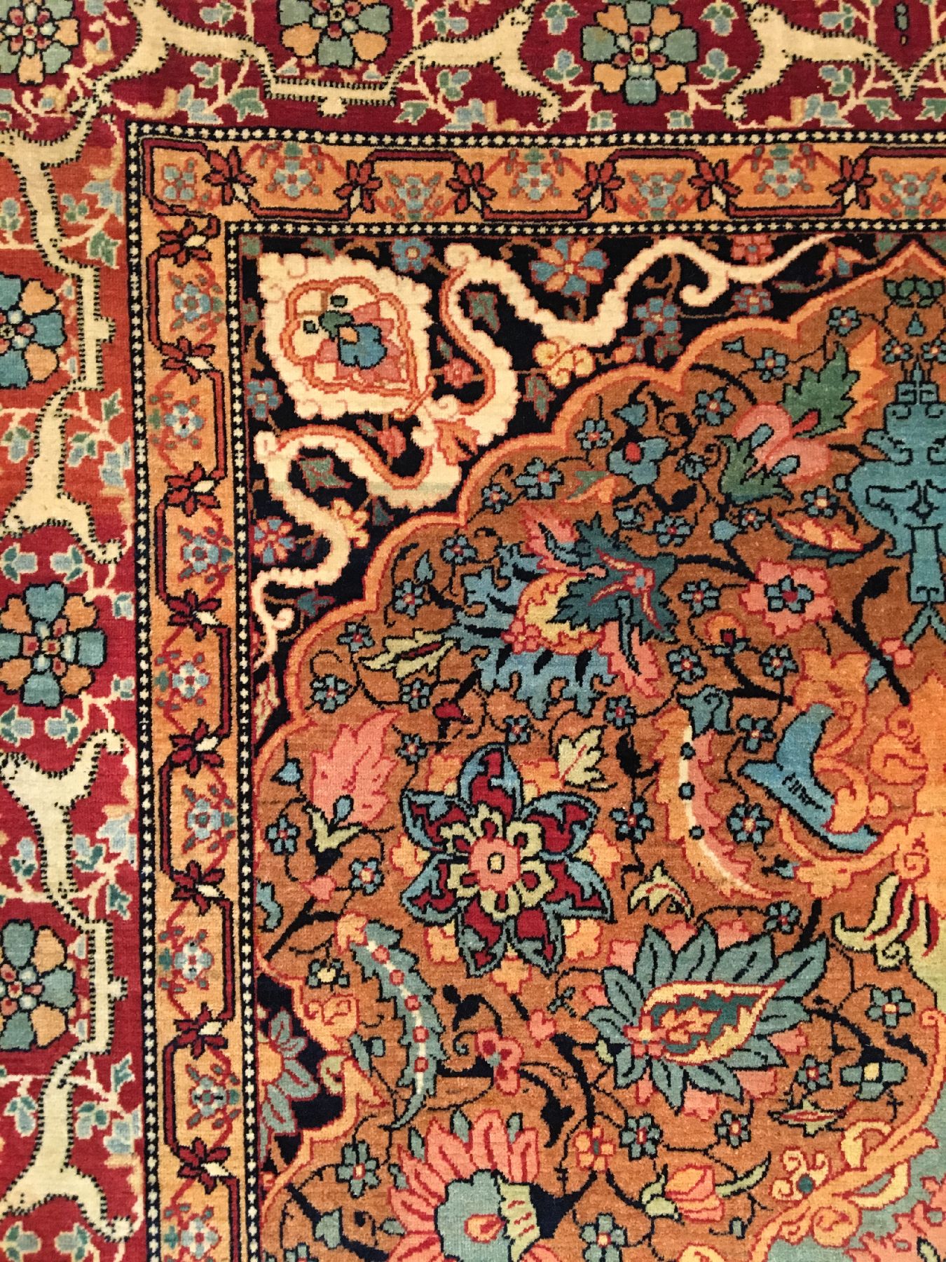Detail f: Seltener feiner Kerman antik, Südpersien, 19.Jhd., Korkwolle geknüpft auf Baumwolle. Dekorativer Kerman Teppich in einzigartiger Farbkomposition. ...