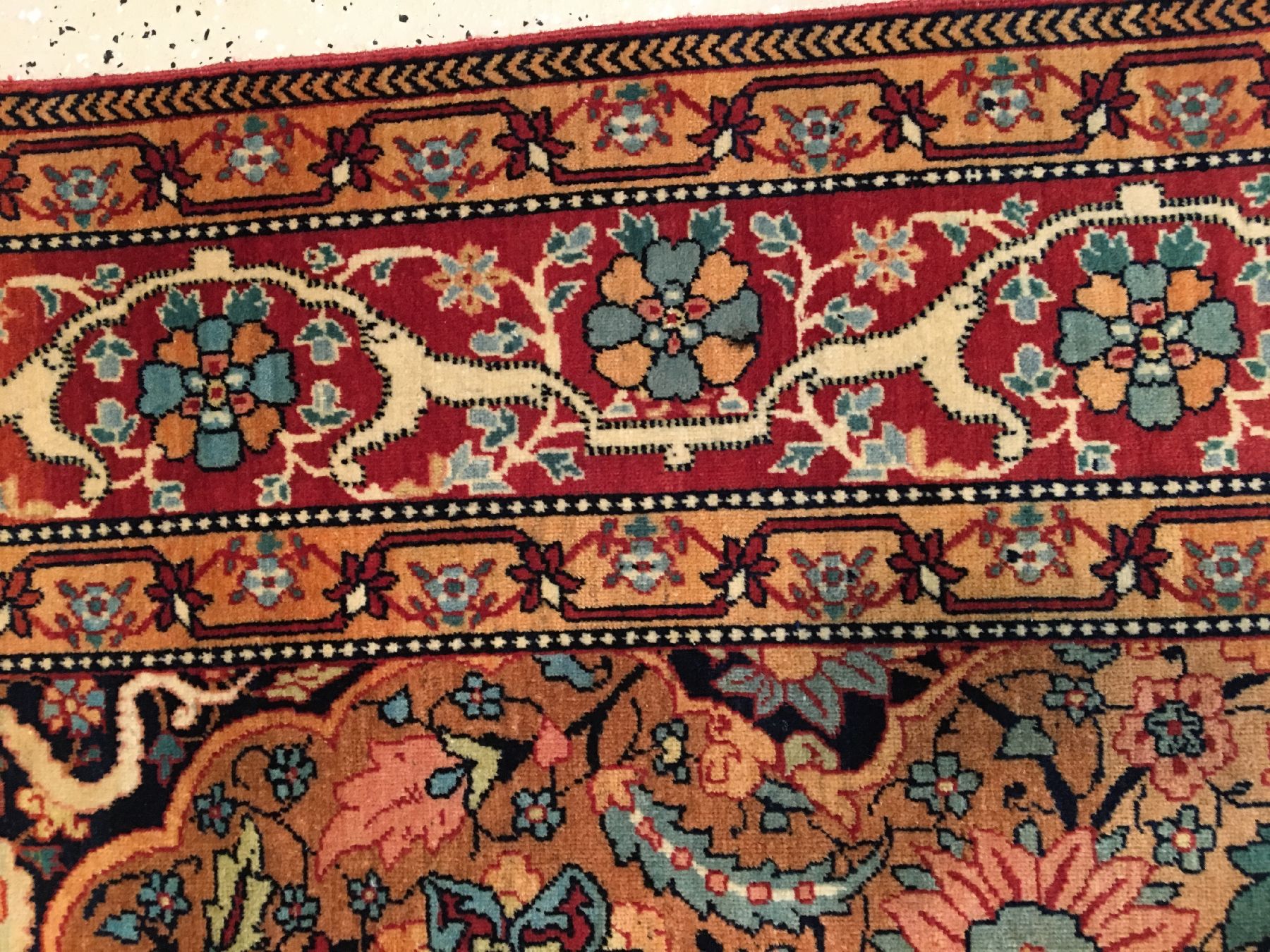 Detail h: Seltener feiner Kerman antik, Südpersien, 19.Jhd., Korkwolle geknüpft auf Baumwolle. Dekorativer Kerman Teppich in einzigartiger Farbkomposition. ...