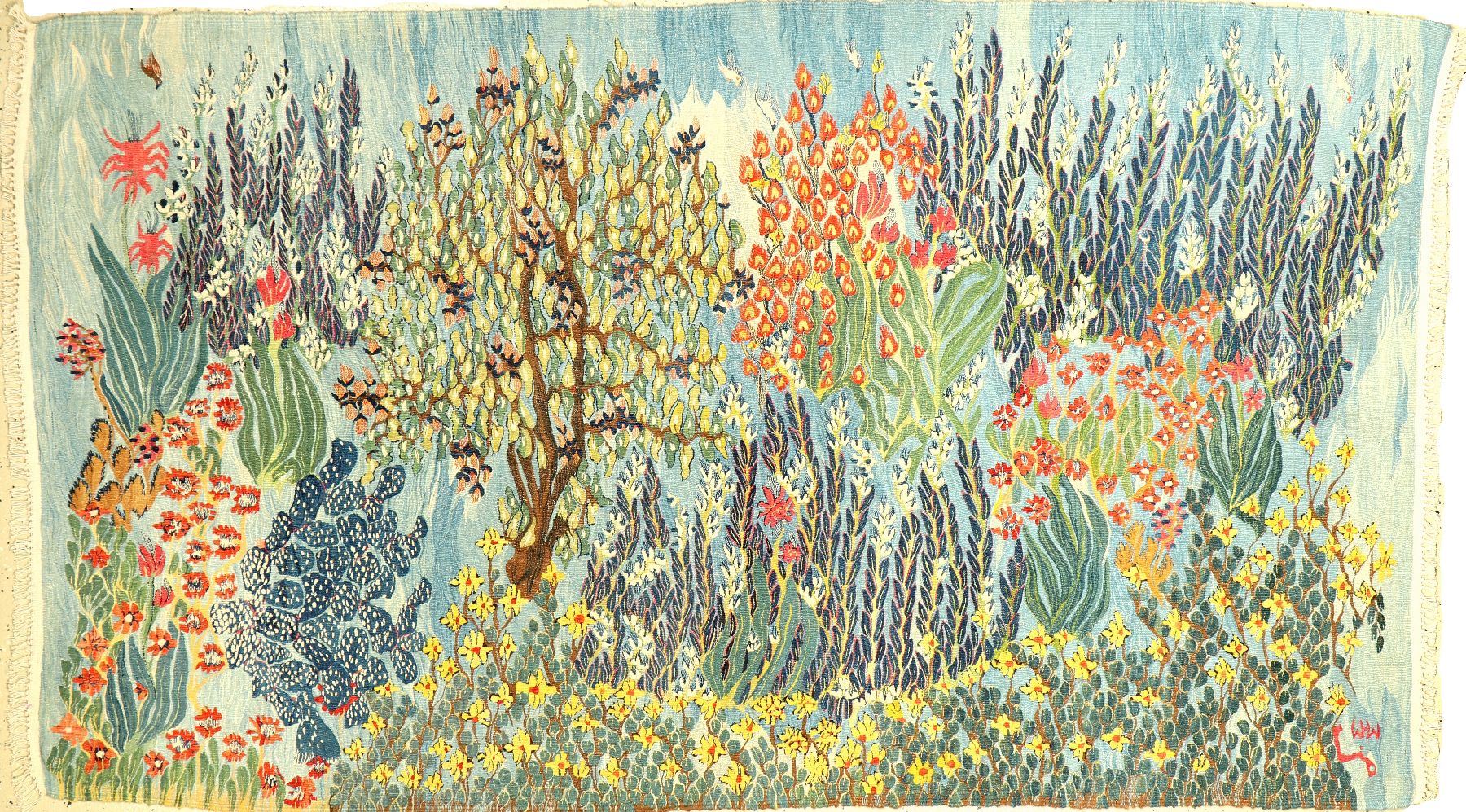 Wissa Wassef "Künstler-Tapisserie" alt (Signatur W.W), Ägypten, um 1940/1950, Wolle gewebt auf Baumwolle. Farbenprächtige Künstler ...