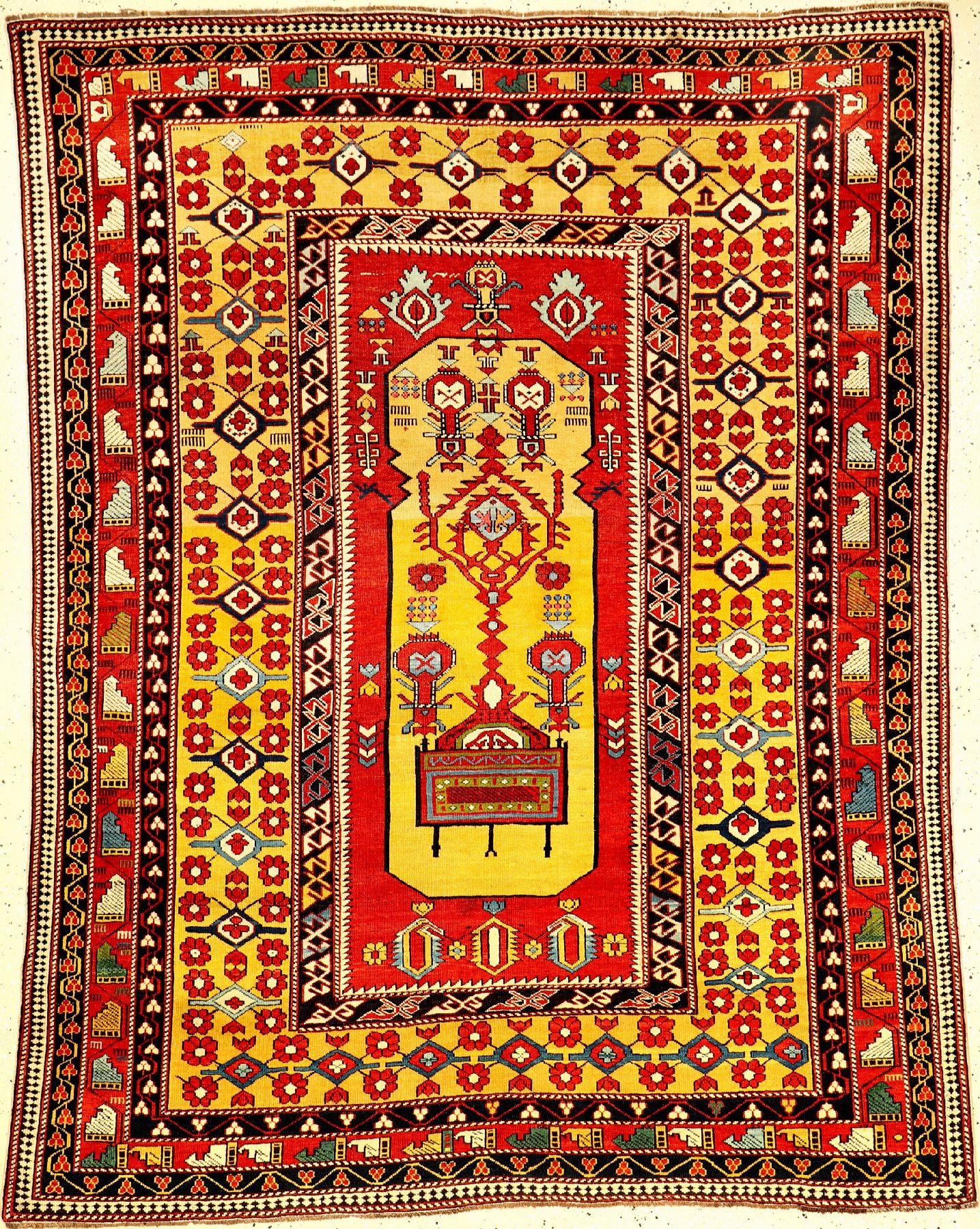 Feiner und einzigartiger gelber Marasali "Königsthron-Teppich" (Part-Silk) antik, Ostkaukasus Schirwan-Region, 19.Jhd., Wol le mit ...