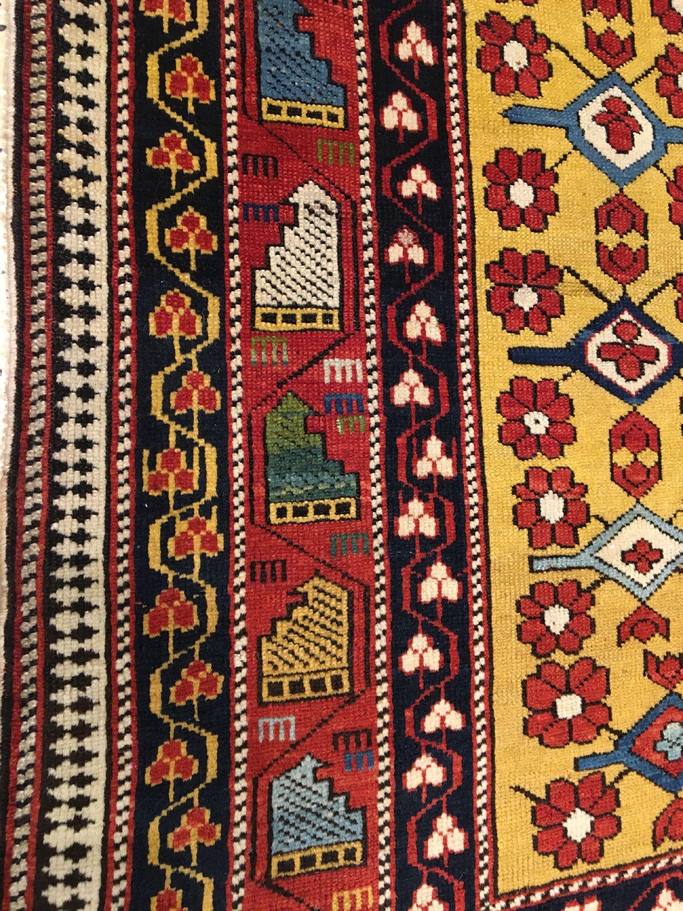 Detail f: Feiner und einzigartiger gelber Marasali "Königsthron-Teppich" (Part-Silk) antik, Ostkaukasus Schirwan-Region, 19.Jhd., Wol le mit ...