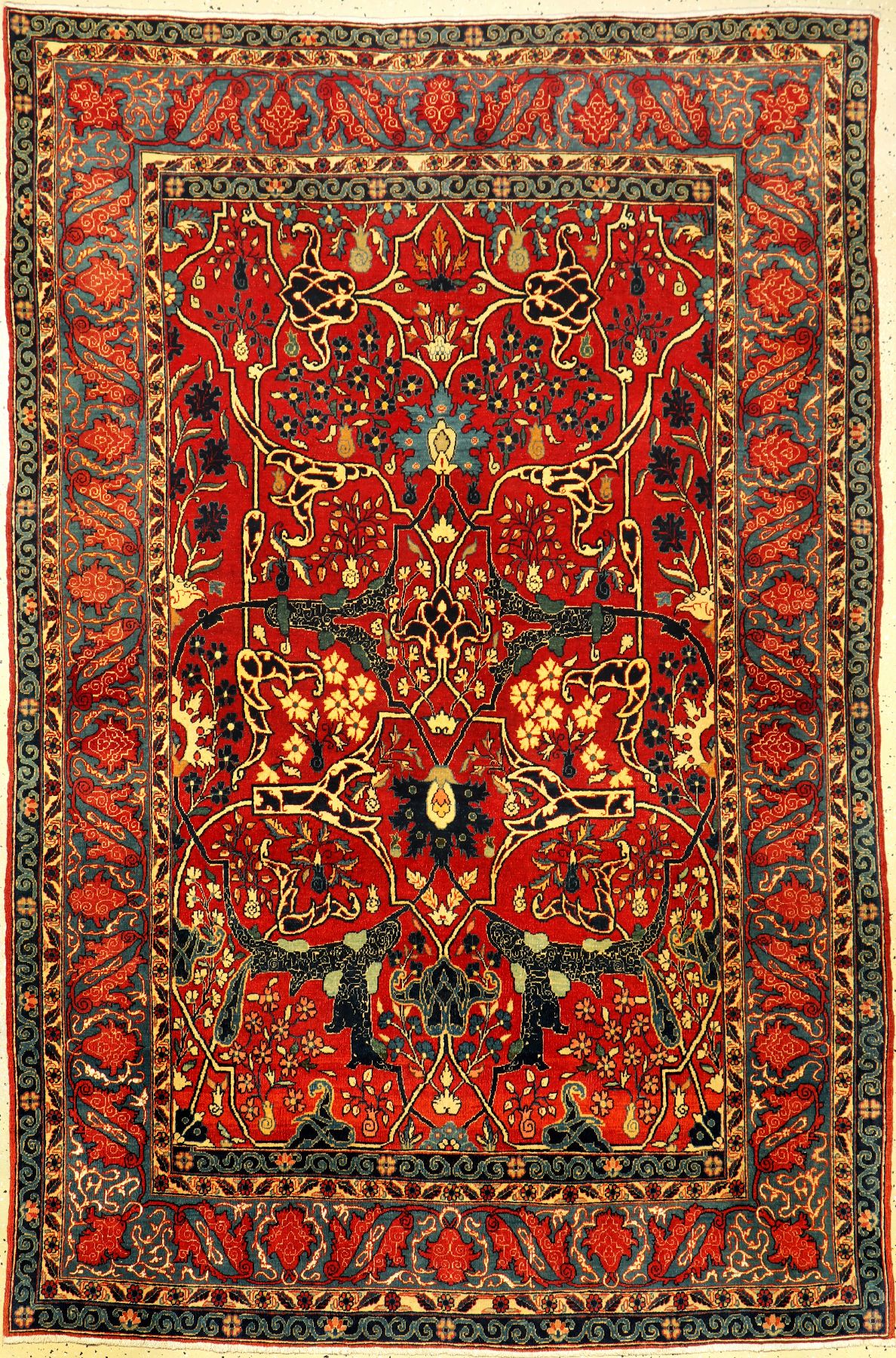 Feiner Teheran "Part-Silk" antik, Zentralpersien, um 1900, Korkwolle mit Seiden-Highlights geknüpft auf Baumwolle. Dieser feine Teheran ...