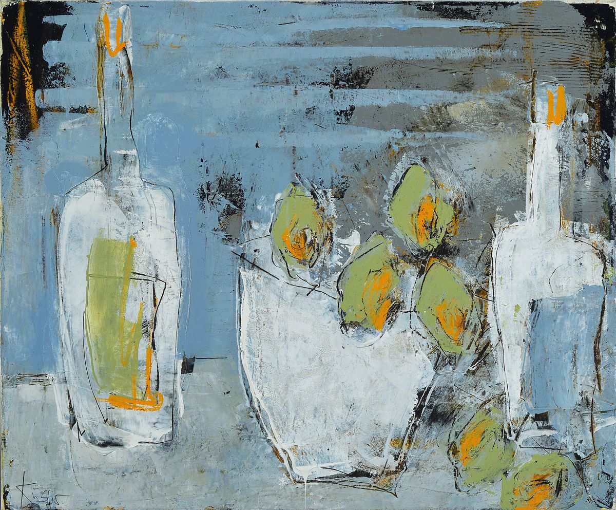 Claudia Küster, geb. 1965, Studium an der Fachhochschule Münster, seit 1991 frei schaffende Künstlerin, hier: Stillleben mit Flaschen und Blumen, ...