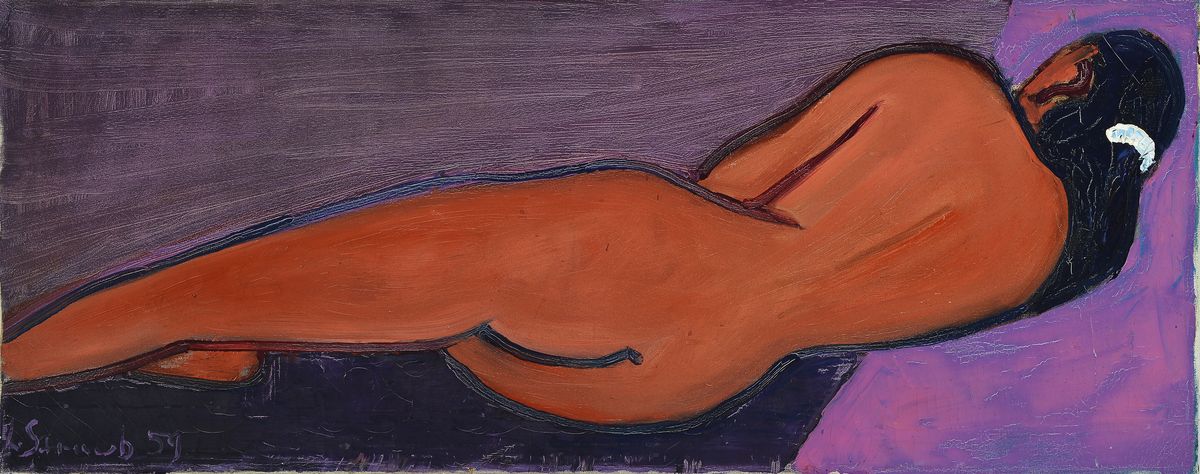 Ludwig Straub, 1905 Mannheim-1976 Seeheim, liegender Akt, Öl/Lwd, links unten signiert und dat. 59, ca. 40x100cm