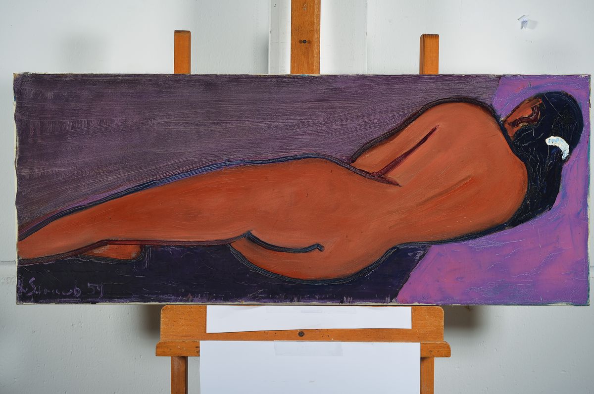 Detail k: Ludwig Straub, 1905 Mannheim-1976 Seeheim, liegender Akt, Öl/Lwd, links unten signiert und dat. 59, ca. 40x100cm