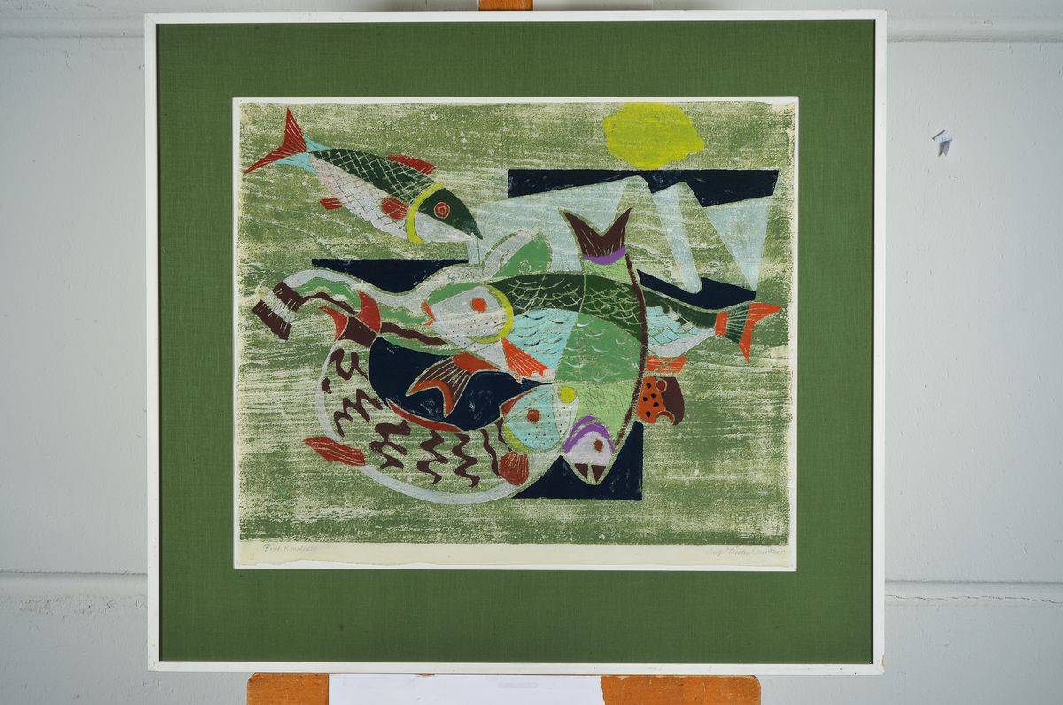 Detail k: Rolf Müller-Landau, 1903-1956 Bad Bergzabern, Fischkaskade, Farbholzschnitt, handsigniert und betitelt, ca. 43x53cm, PP, u.Gl., R., ca. 64x71cm, R.