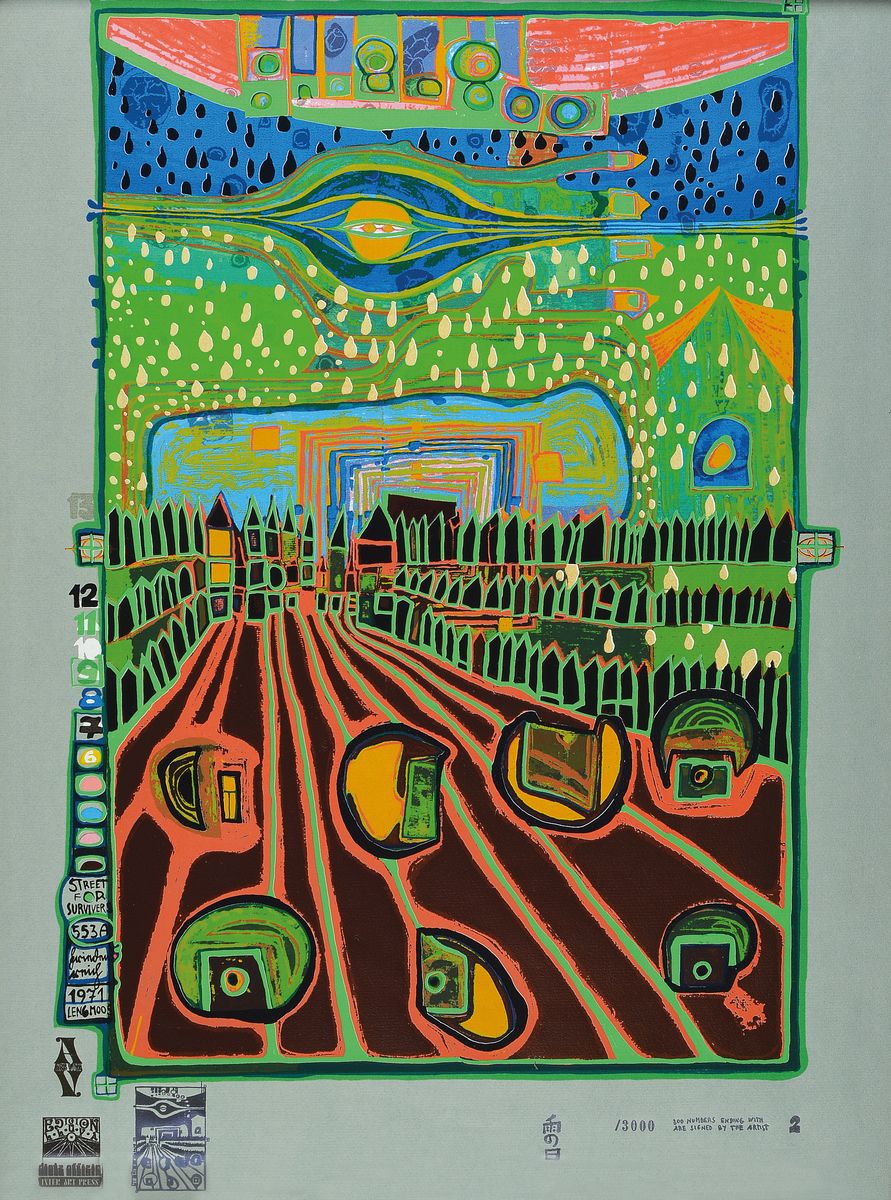 enfällt, Friedensreich Hundertwasser, 1928-2000, Auflage 3000, unter Glas gerahmt, ca. 72x53