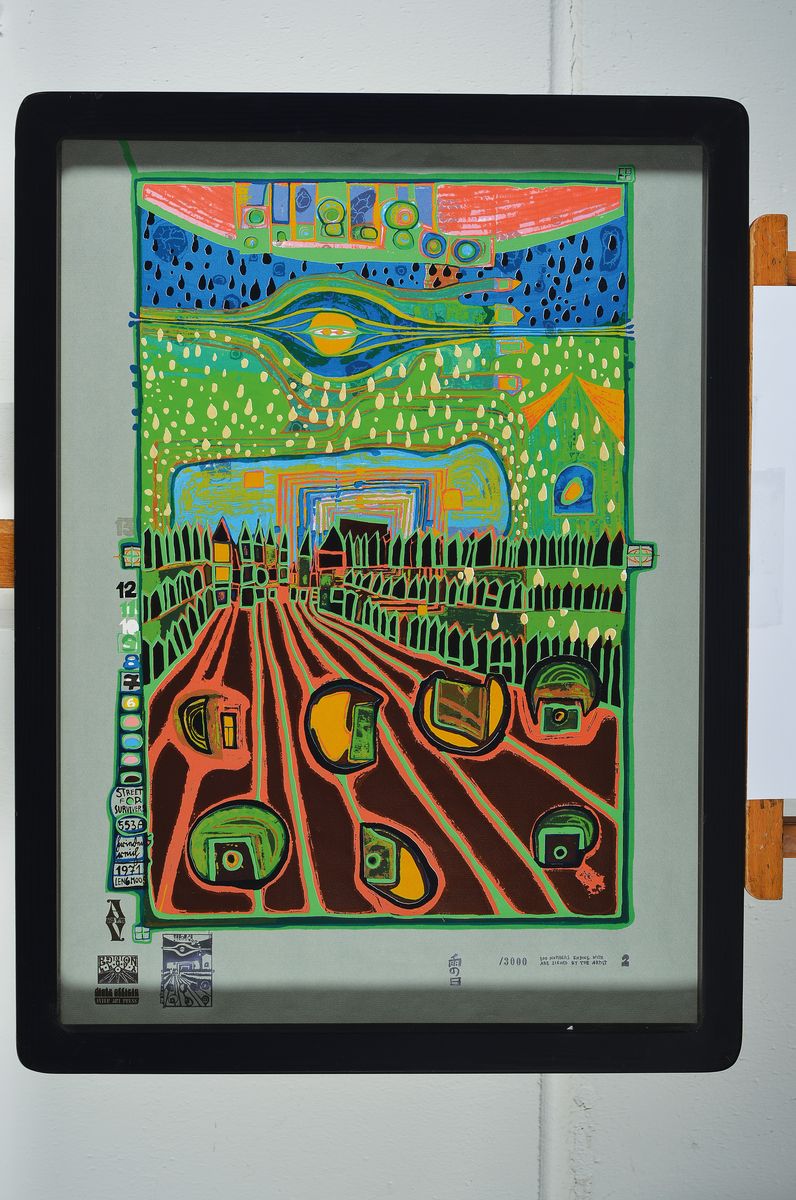 Detail k: enfällt, Friedensreich Hundertwasser, 1928-2000, Auflage 3000, unter Glas gerahmt, ca. 72x53