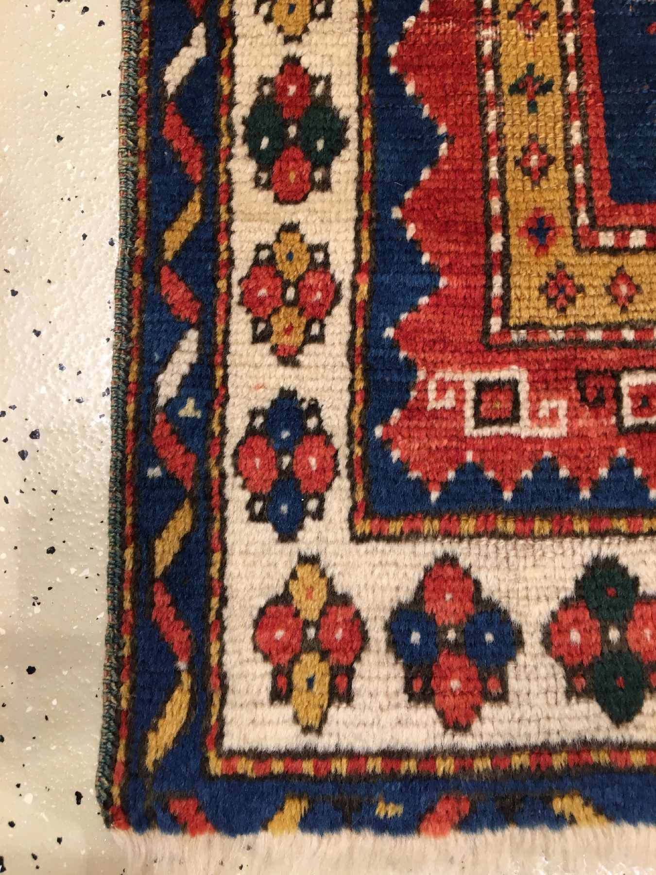 Detail f: Fachralo Kazak "Gebetsteppich" antik, Südwestkaukasus Kasak-Gebiet, 19.Jhd., Wolle geknüpft auf Wolle. Kleinformatiger ...