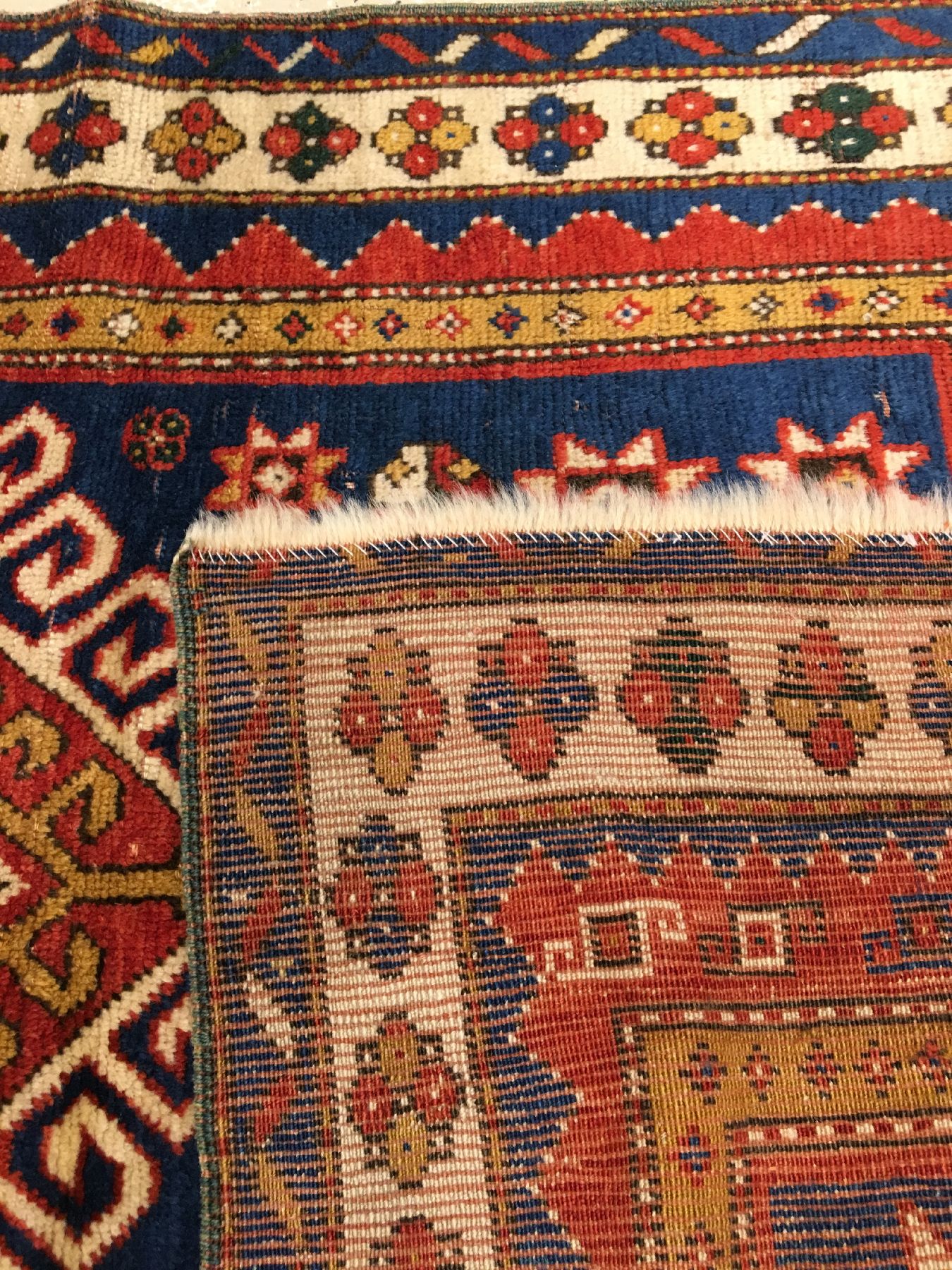 Detail g: Fachralo Kazak "Gebetsteppich" antik, Südwestkaukasus Kasak-Gebiet, 19.Jhd., Wolle geknüpft auf Wolle. Kleinformatiger ...