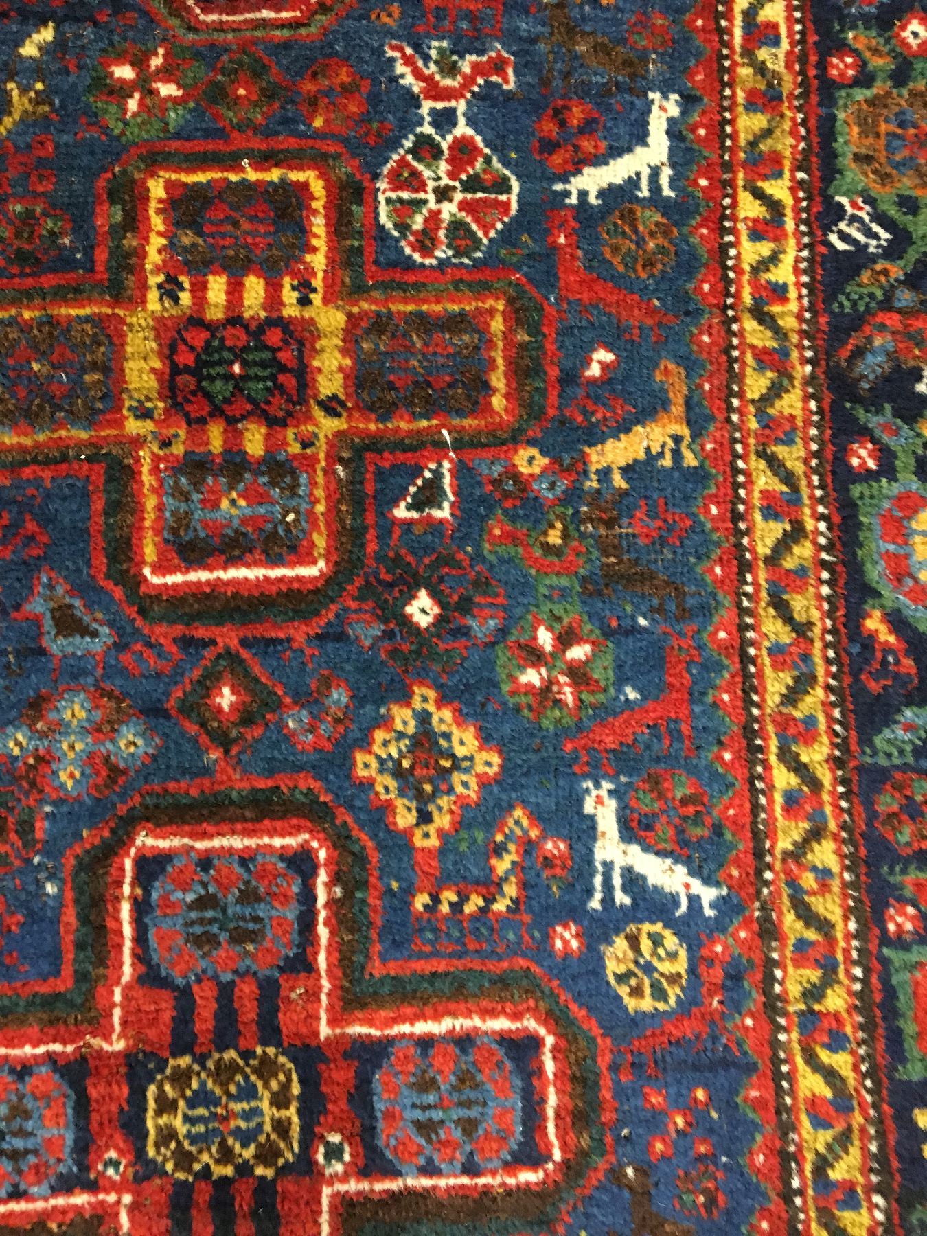 Detail f: Khamseh antik, Südwestpersien Fars-Gebiet, Ende 19.Jhd., Wolle geknüpft auf Wolle/Ziegenhaar. Blaugrundiger Khamseh aus der Fars-Region mit ...