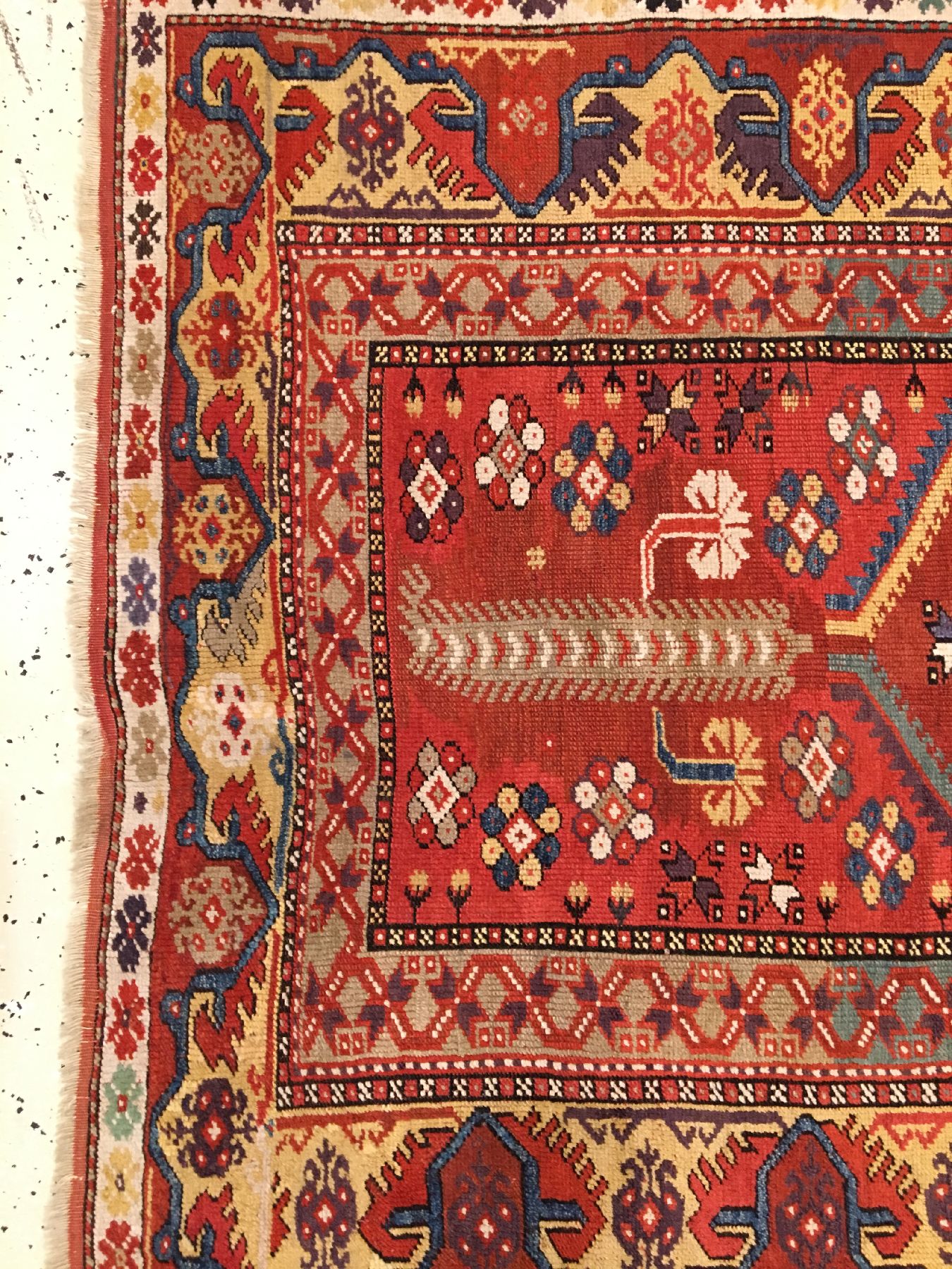 Detail c: Seltener Zypressen Melas antik, Südwestanatolien, 19.Jhd., Wolle geknüpft auf Wolle. Feiner mit roten Schussfäden geknüpfter Melas mit ...
