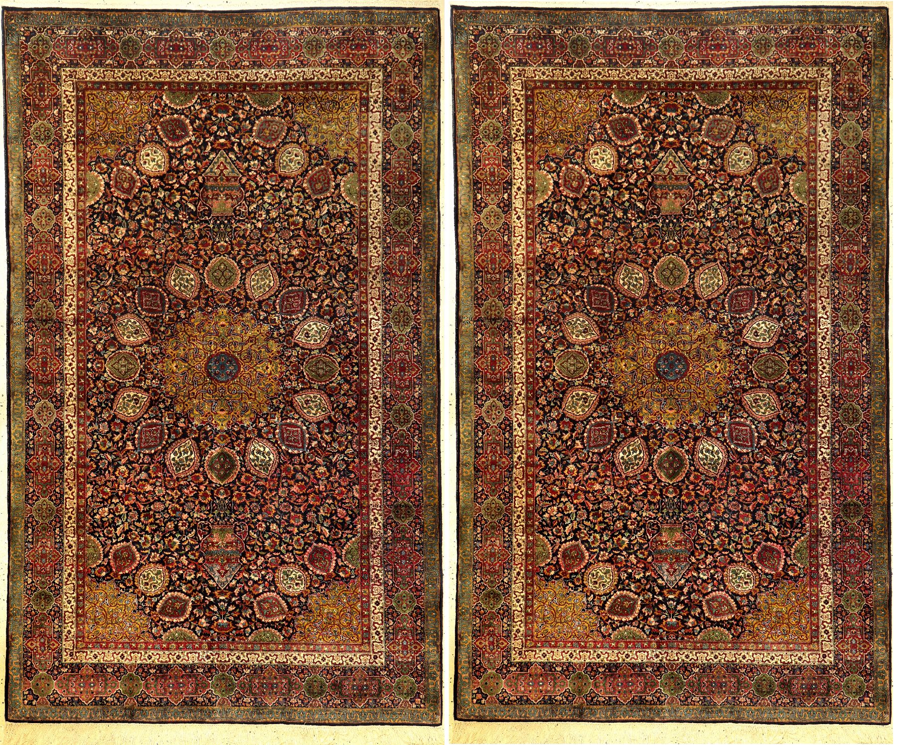 1 Paar Lahore "Merinowolle" antik (Ardebil "Sheik-Safi" Design), Nordindien, um 1910, Merinowolle geknüpft auf Baumwolle. ...