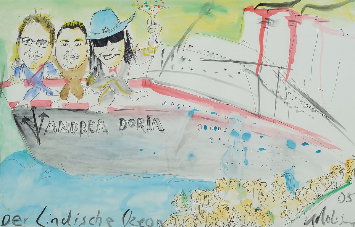 Udo Lindenberg, geb. 1946, "Der Lindische Ozean", Aquarell, auf Bild bez., rechts unten signiert und datiert (20)05, unter Glas gerahmt, ...