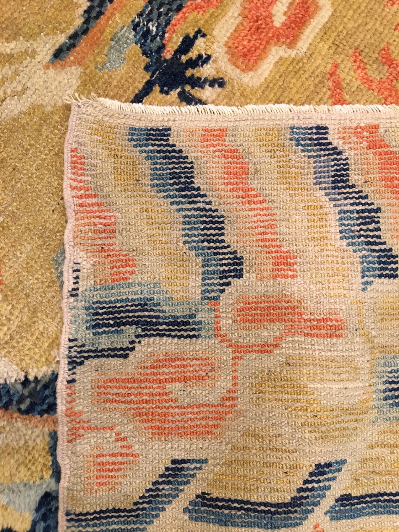 Detail i: Gelber Ning-Hsia "Wandbehang" antik (Drachenteppich), Westchina, 19.Jhd., Wolle geknüpft auf Baumwolle. Seltener Ning-Hsia mit fünf ...