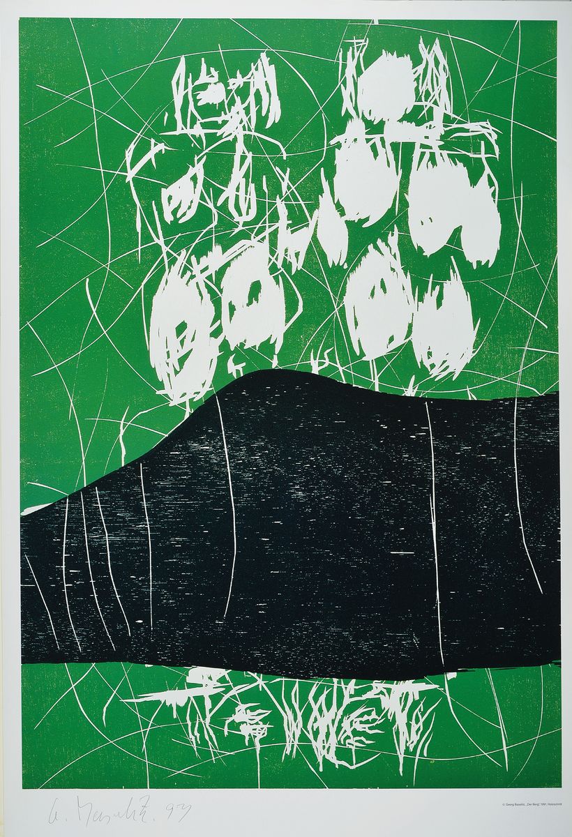 Georg Baselitz, geb. 1938, "Der Berg", Farboffset, Mönchehaus Museum Goslar 1993, sign., dat. 93, ca. 100x63 cm