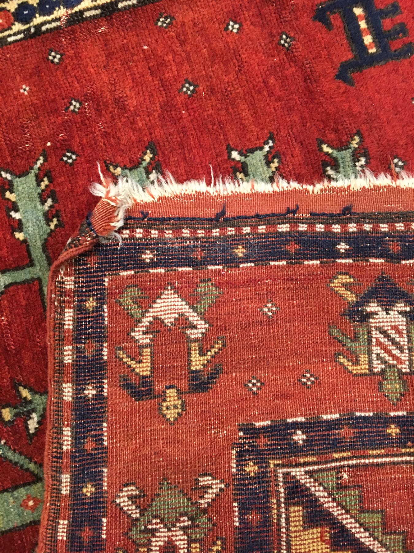 Detail h: Baum Kasak antik, Südwestkaukasus, 19.Jhd., Wolle geknüpft auf Wolle. Großformatiger Kasak mit grünen Lebensbaum auf krapproten Grund, ...