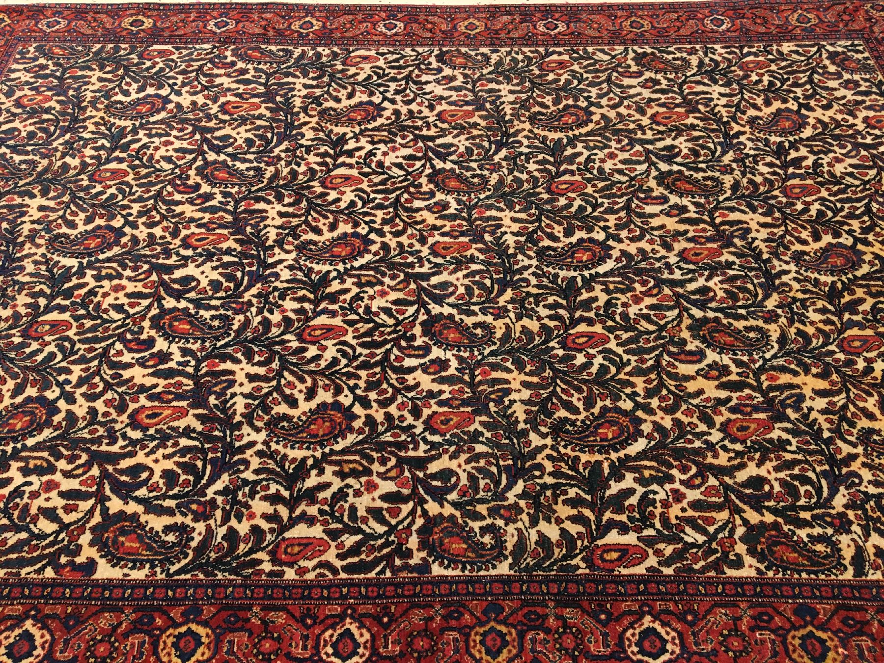 Detail b: Hochfeiner Senneh "Multicolor-Haftrang" antik (Mehrfarbige Seidenkette), Nordwestpersien, 19.Jhd., Korkwolle geknüpft auf bunte ...