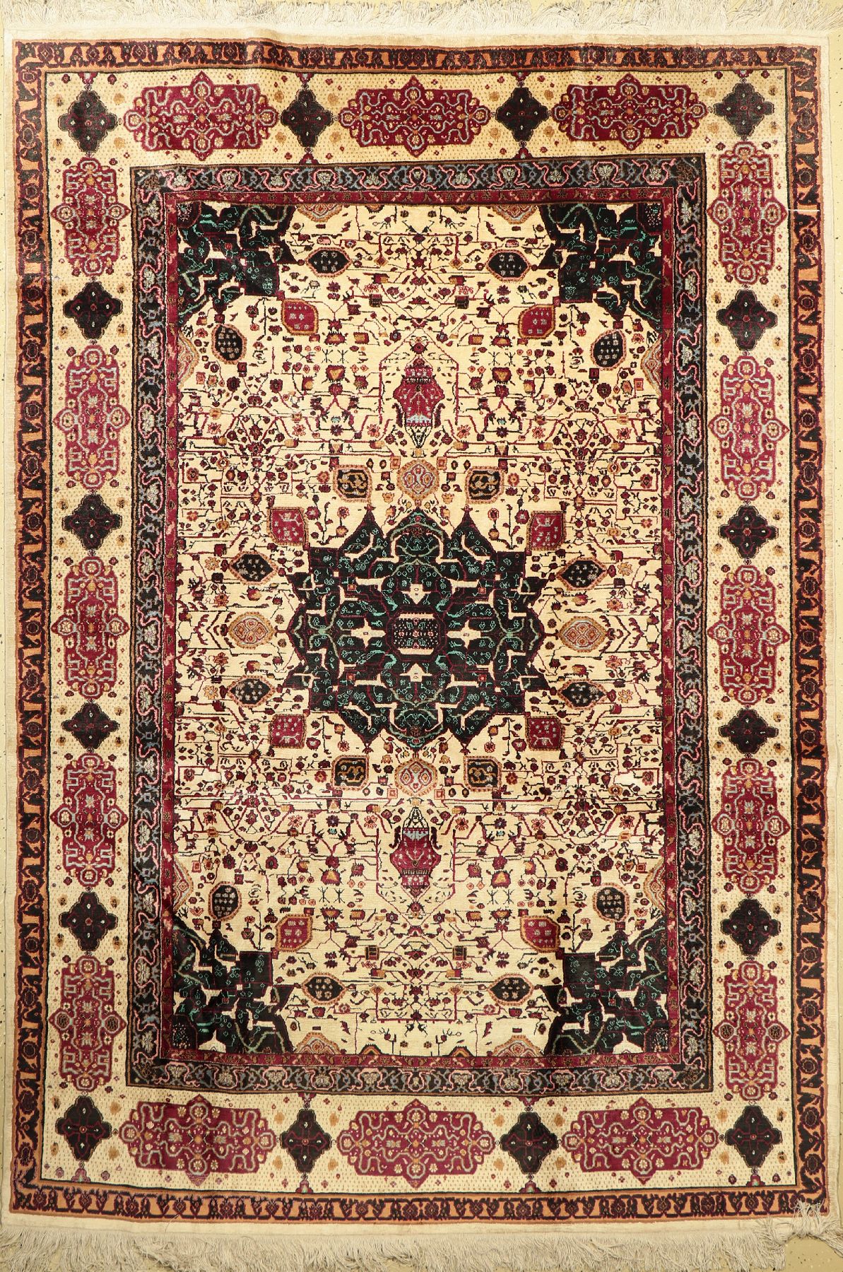 Lahore Seide, Indien, um 1950, Seide auf Baumwolle, ca. 267 x 184 cm, dekorativ, EHZ: 2