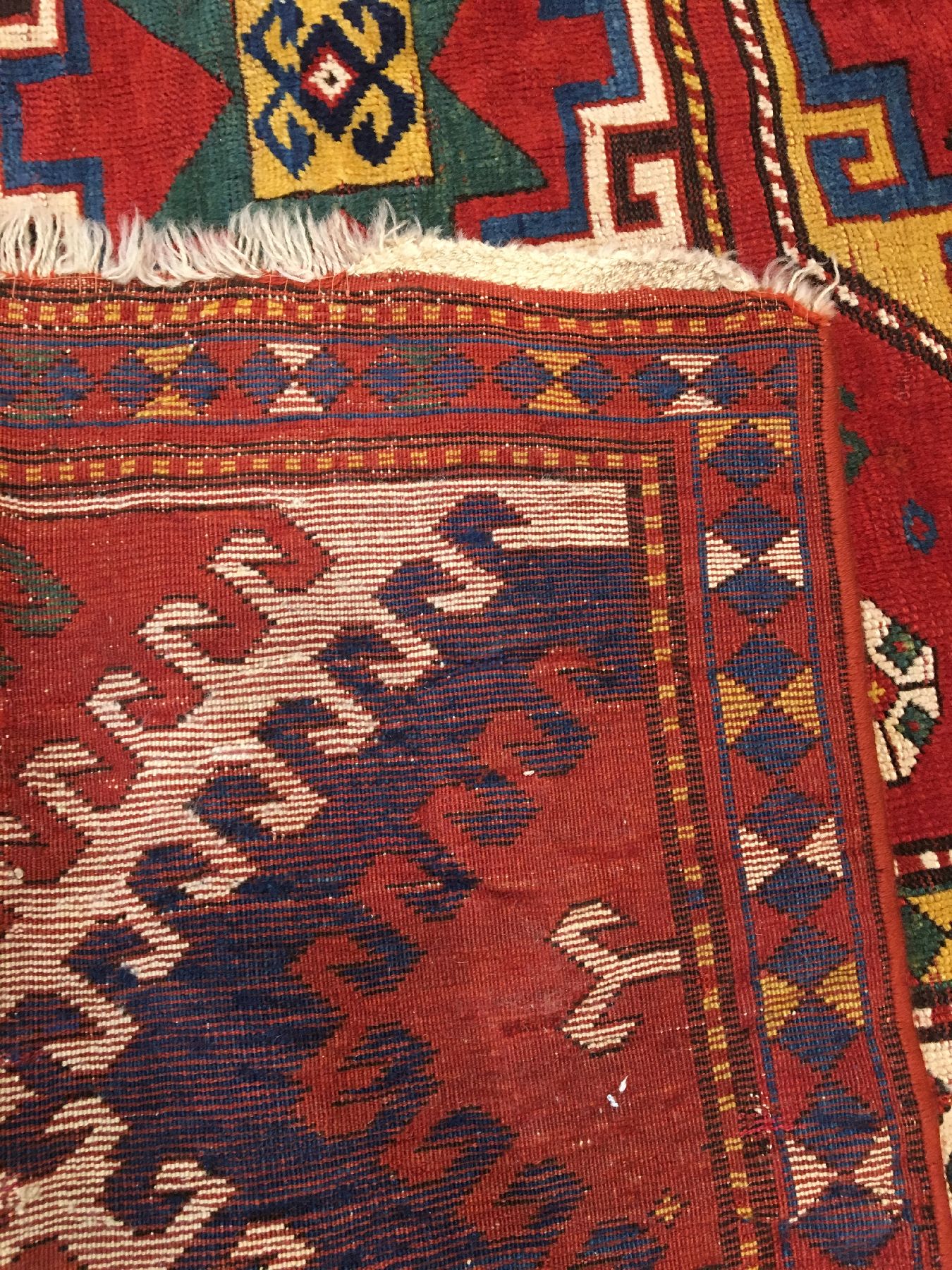 Detail i: Bordjalou Kasak antik, Südwestkaukasus, 19.Jhd., Wolle geknüpft auf Wolle. Farbenprächtiger Bordjalou mit erstklassigen Naturfarben. Das ...