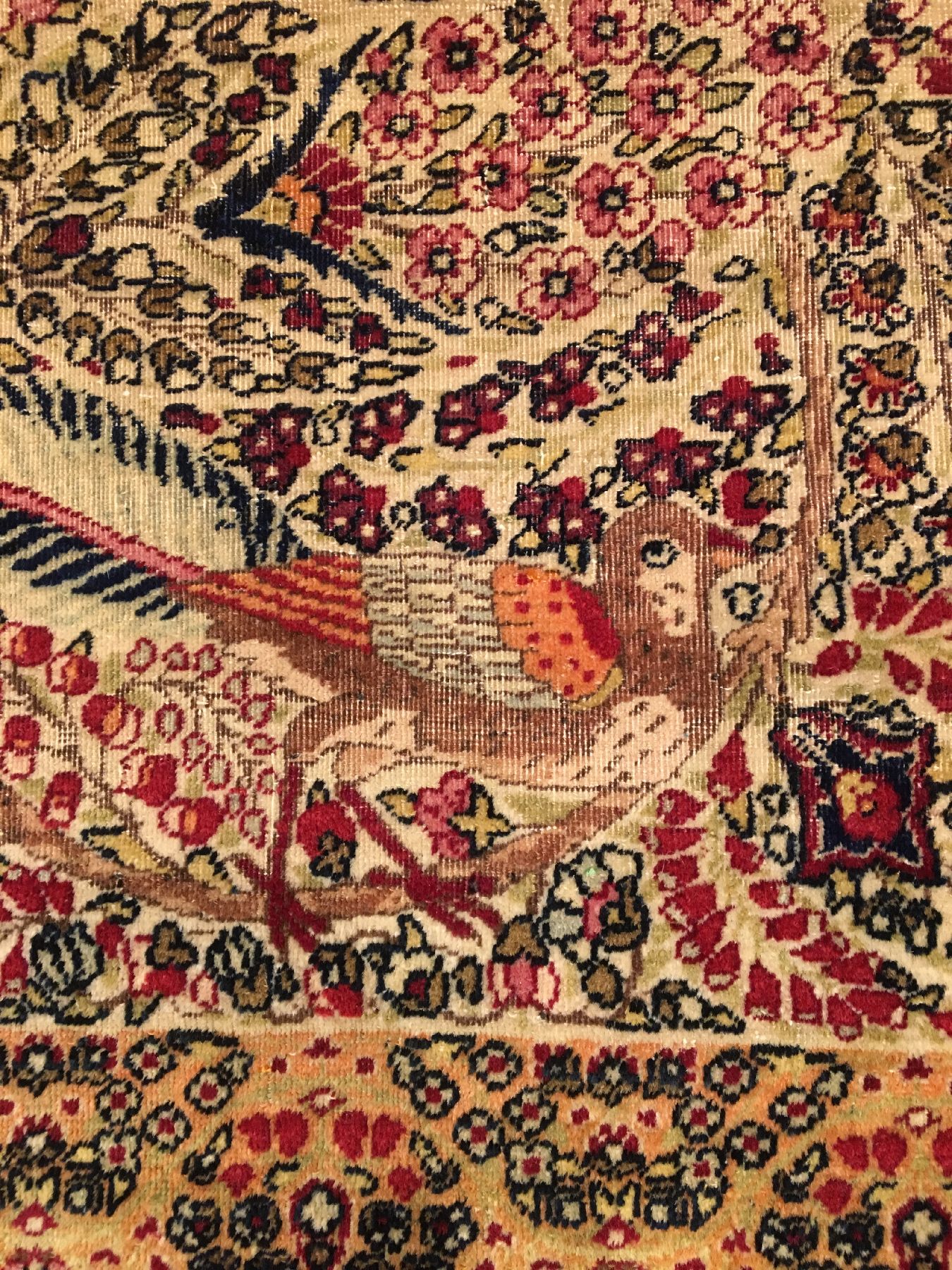 Detail e: Sehr feiner Kerman "Ravar" antik "Auftraggeber Kermani, Knüpfer Mohammad Ebne Jafar" (Signiert), Südpersien, Datiert 1913, ...