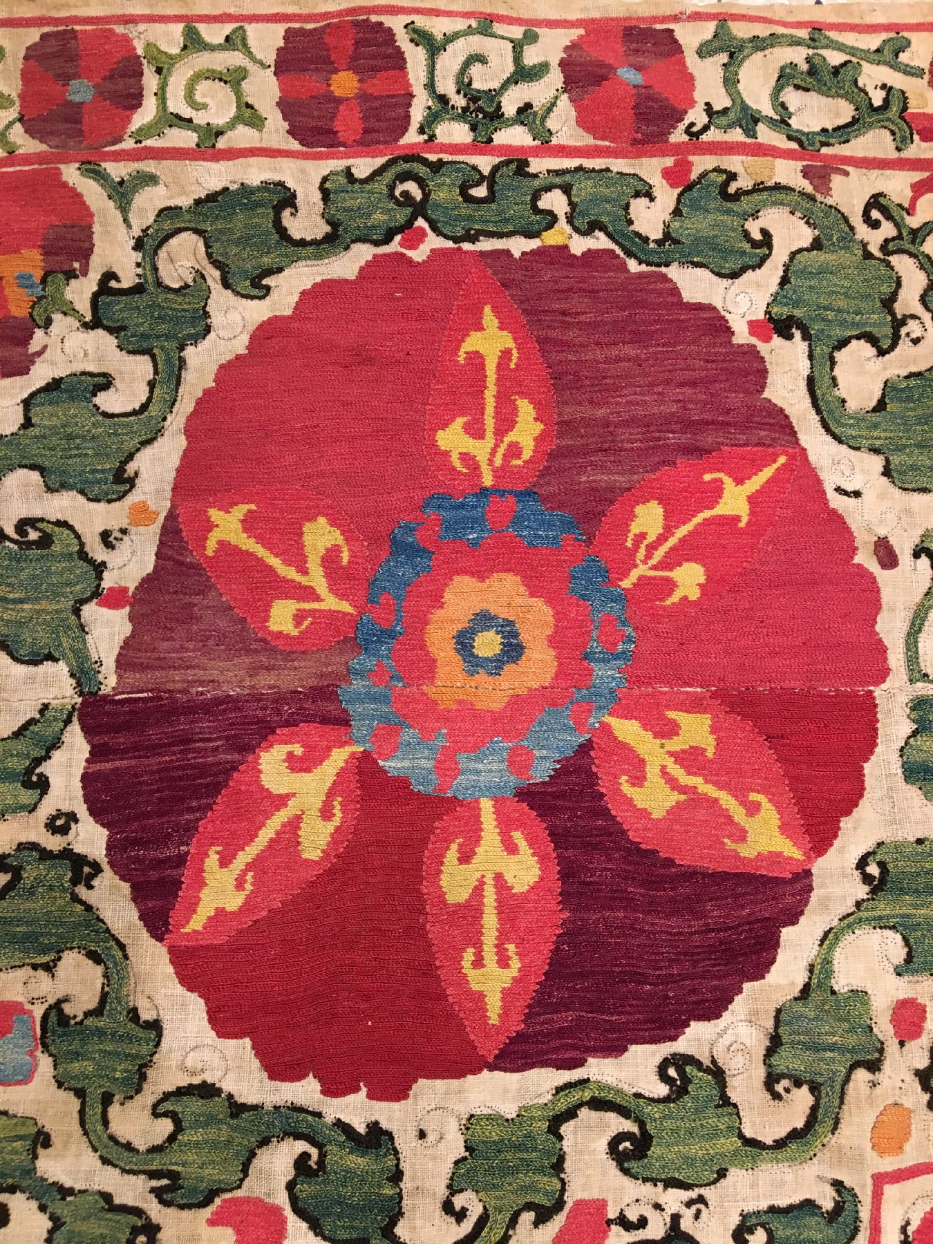 Detail f: Shakhrisyabz "Susani" antik, Usbekistan, 19.Jhd., Seidenstickerei auf Baumwollgewebe. Feine Shakhrisyabz Susani mit einer prächtigen ...