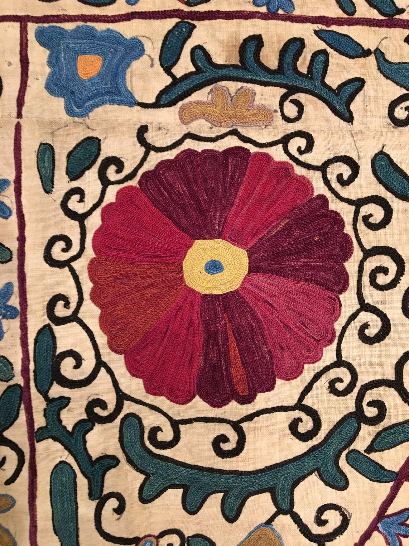 Detail d: Bochara "Susani" antik, Usbekistan, 19.Jhd., Seidenstickerei auf Baumwollgewebe. Große Bochara Susani im sogenannten Ruidscho-Typus mit ...