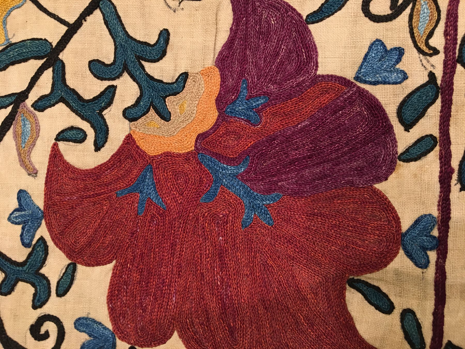 Detail e: Bochara "Susani" antik, Usbekistan, 19.Jhd., Seidenstickerei auf Baumwollgewebe. Große Bochara Susani im sogenannten Ruidscho-Typus mit ...