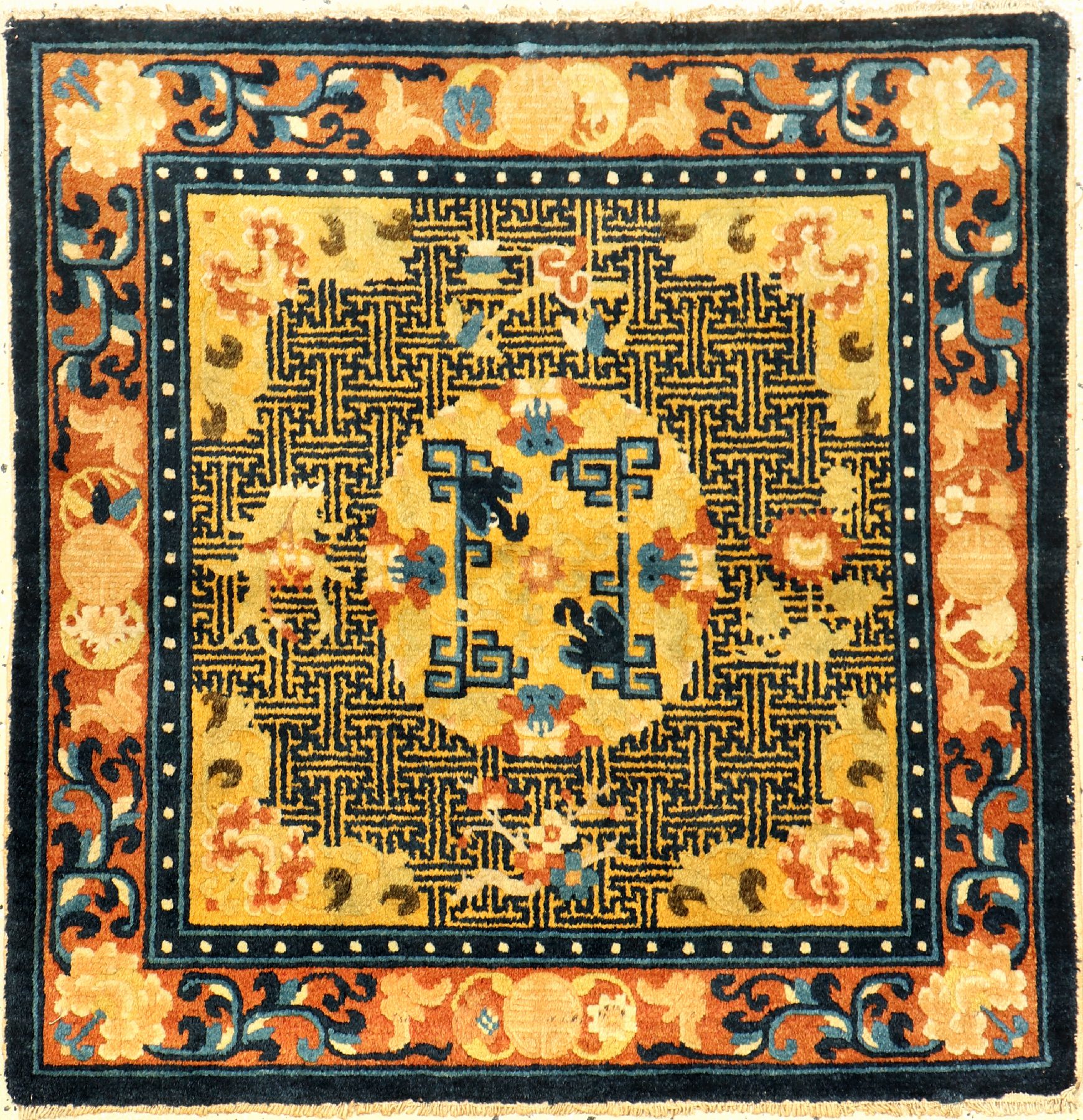 Gelbe Ning-Hsia "Sitzmatte" antik (Art-Deco Drachenköpfe), Westchina, um 1910/1920, Wolle geknüpft auf Baumwolle. Dekorative ...