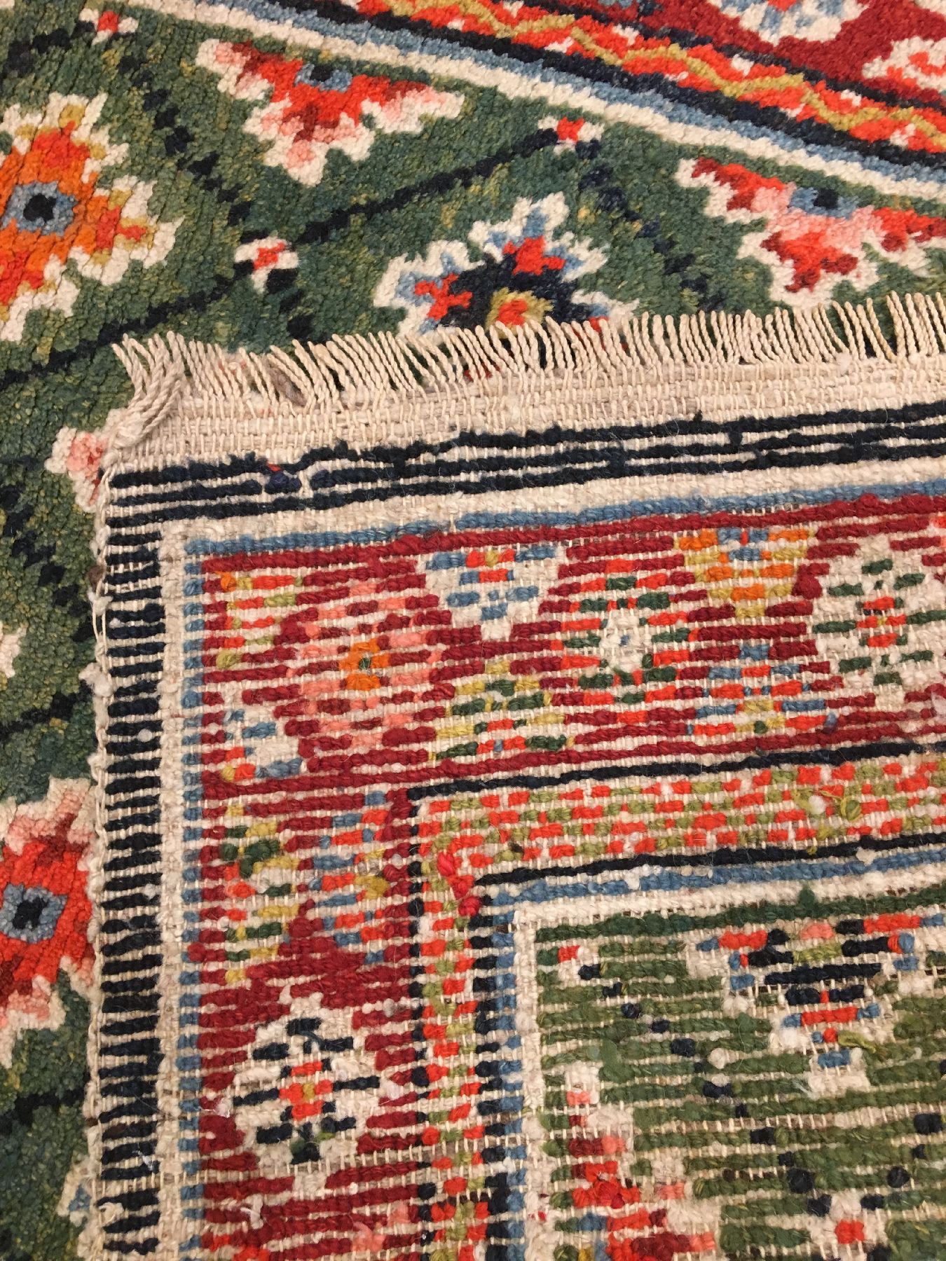 Detail g: Grüner Gyantse "Khaden" alt, Südtibet, um 1920, Wolle geknüpft auf Wolle. Grüner tibetischer Meditationsteppich mit typischen allover ...