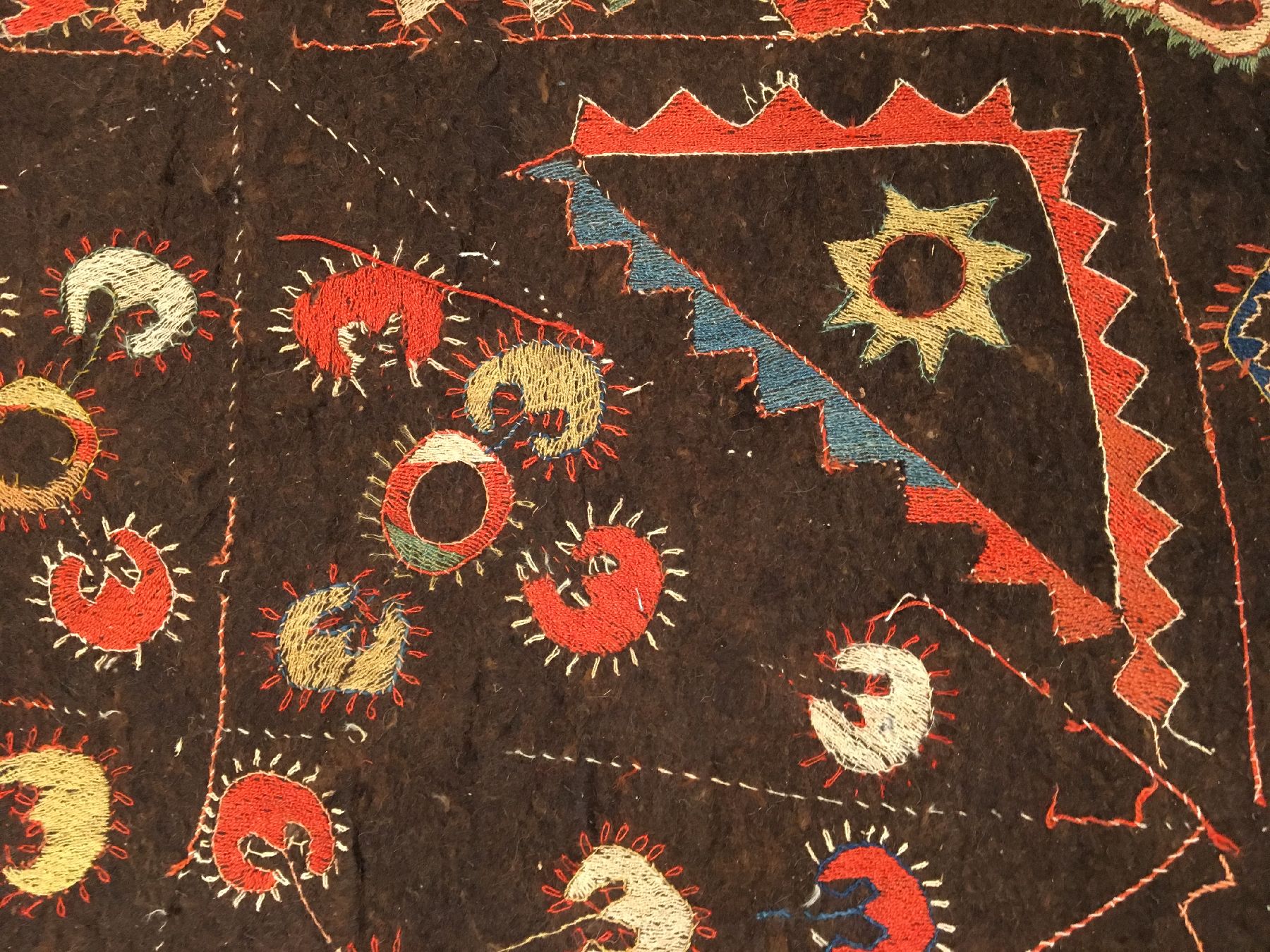 Detail e: Seltener Lakai "Filzteppich" antik, Usbekistan, 19.Jhd., Wollstickerei auf Filz. Rarer Filzteppich der Lakai-Stämme in typischer Muster ...