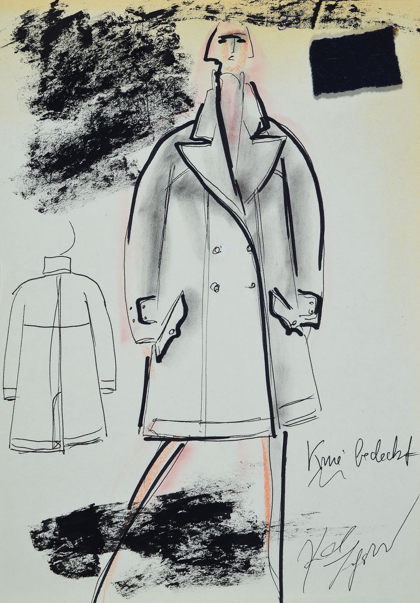 Karl Lagerfeld, 1933-2019, Hamburg, Modeskizze Regenmantel, Filzstift auf dünnem Papier, handsign., teils mit Notizen versehen, Stoffmuster ...