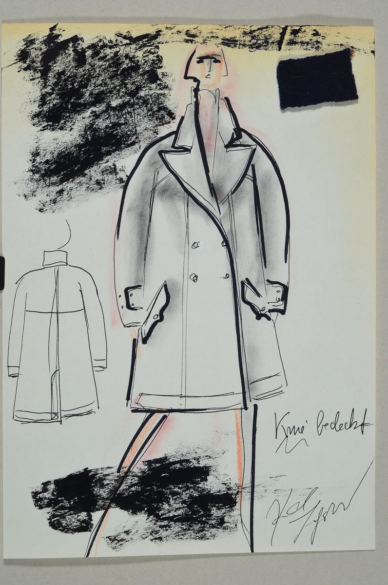 Detail k: Karl Lagerfeld, 1933-2019, Hamburg, Modeskizze Regenmantel, Filzstift auf dünnem Papier, handsign., teils mit Notizen versehen, Stoffmuster ...