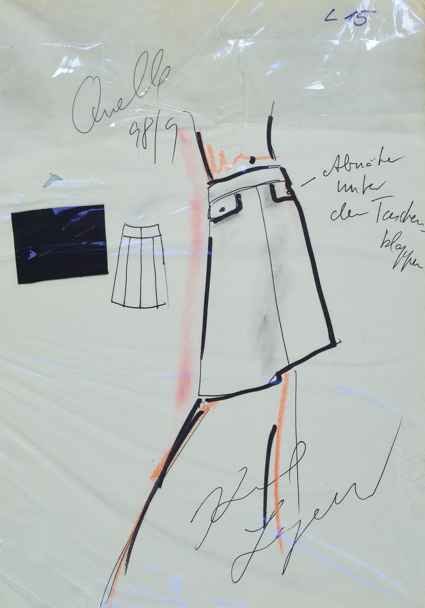 Karl Lagerfeld, 1933-2019, Modezeichnung Rock mit Stoffmuster, handsign., kl. Loch bzw leicht beschädigt, ca. 29x21 cm, und 3 Polaroid-Fotos für ...